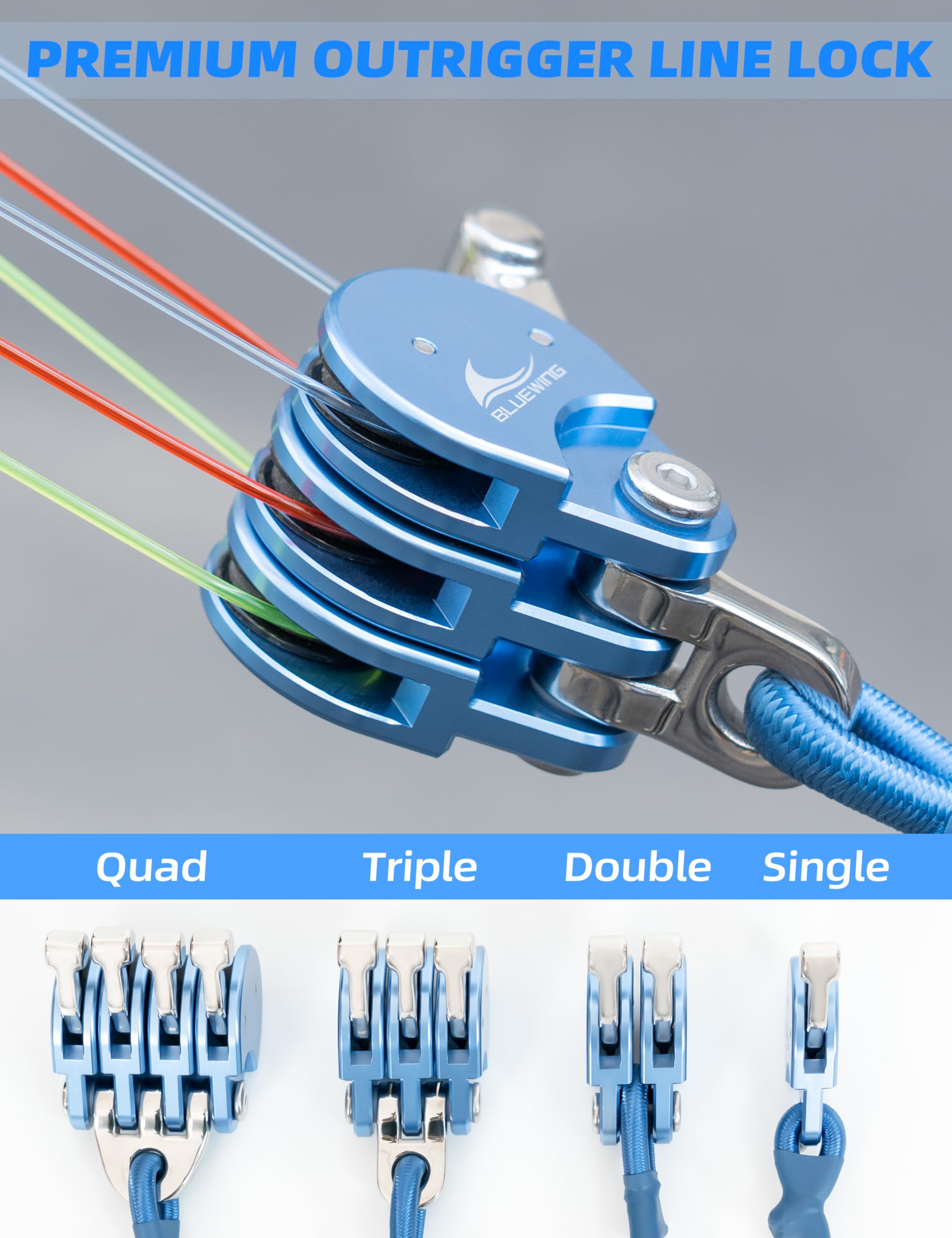 BLUEWING Blue Water Outrigger Halyard Line Lock Pulley Double Aluminium Alloy with Stainless Steel/Brass Snap Swivel for Offshore Fishing, Blue