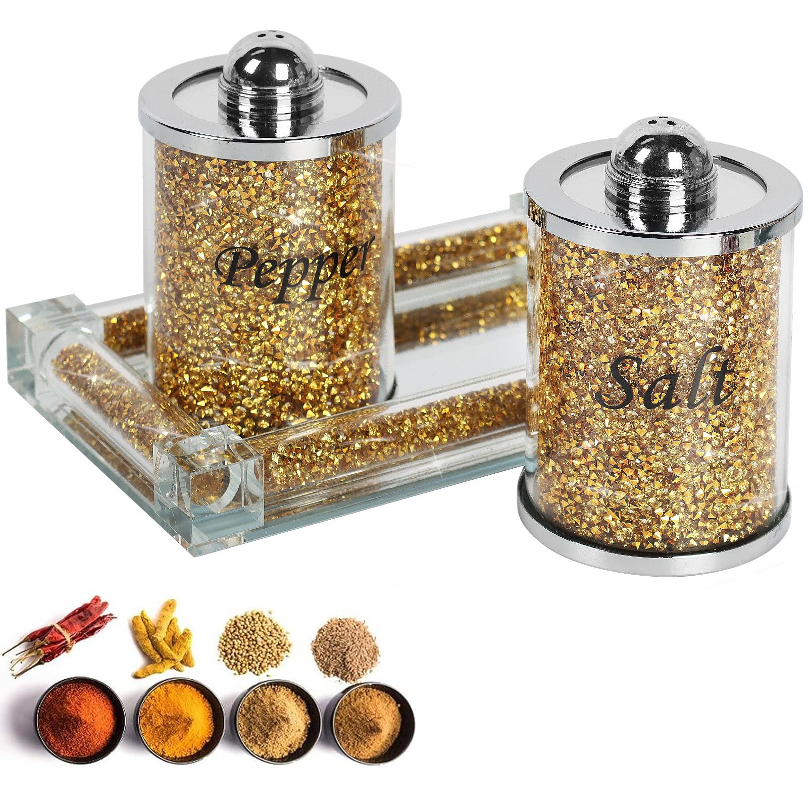 Salière et poivrière en cristal doré avec plateau élégant pour une table raffinée