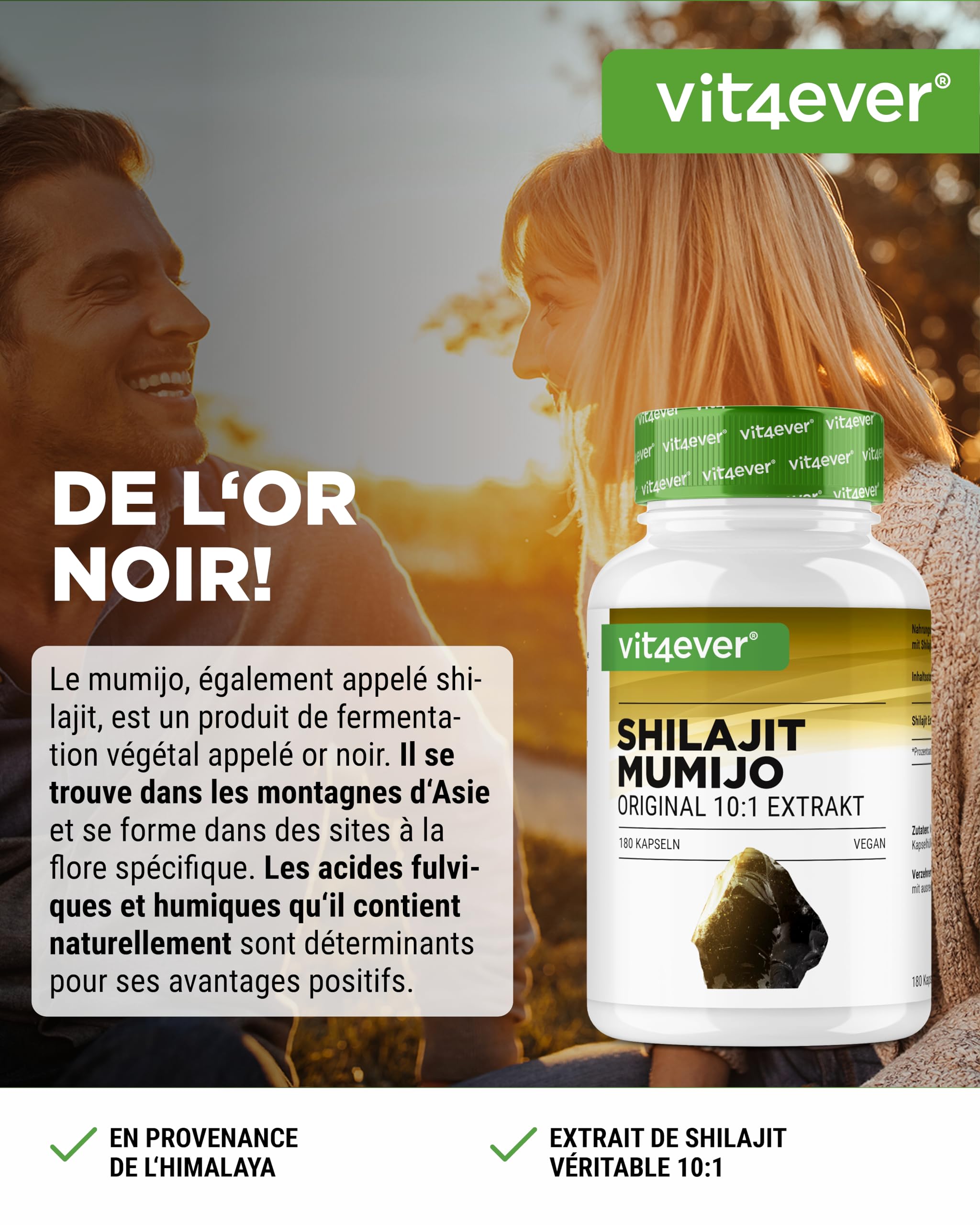 Mumijo Shilajit -180 capsules - Hautement Dosé avec 1500 mg par Portion Journalière - Extrait 10:1 - Sans Additifs Indésirables - Vegan