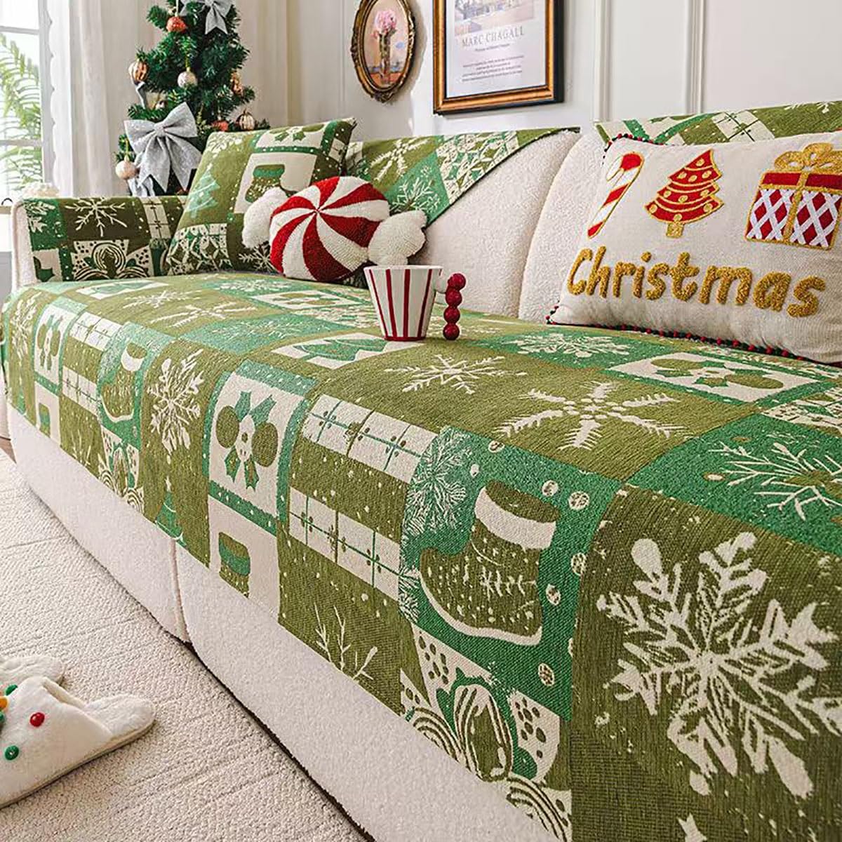 Thickened Christmas Theme Sofa Slipcover for Dogs Kids Pets, Non Slip Washable Decorations Soft Chenille Checkered Sofa Covers for Single Cushion Couch Arm Back Covers(Green,90 * 90cm)