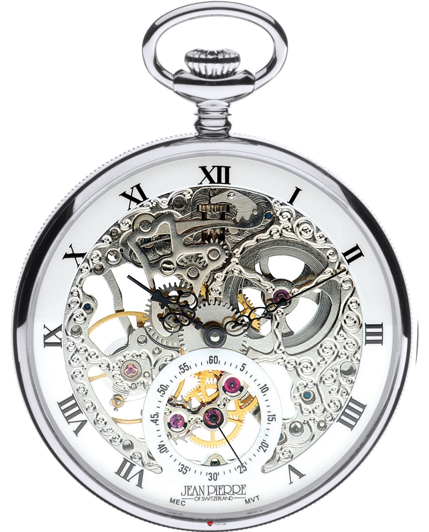 I LUV LTD Open Face Skeleton Pocket Watch 17 Jewelled Mechanical Chromed Case - Gift Box