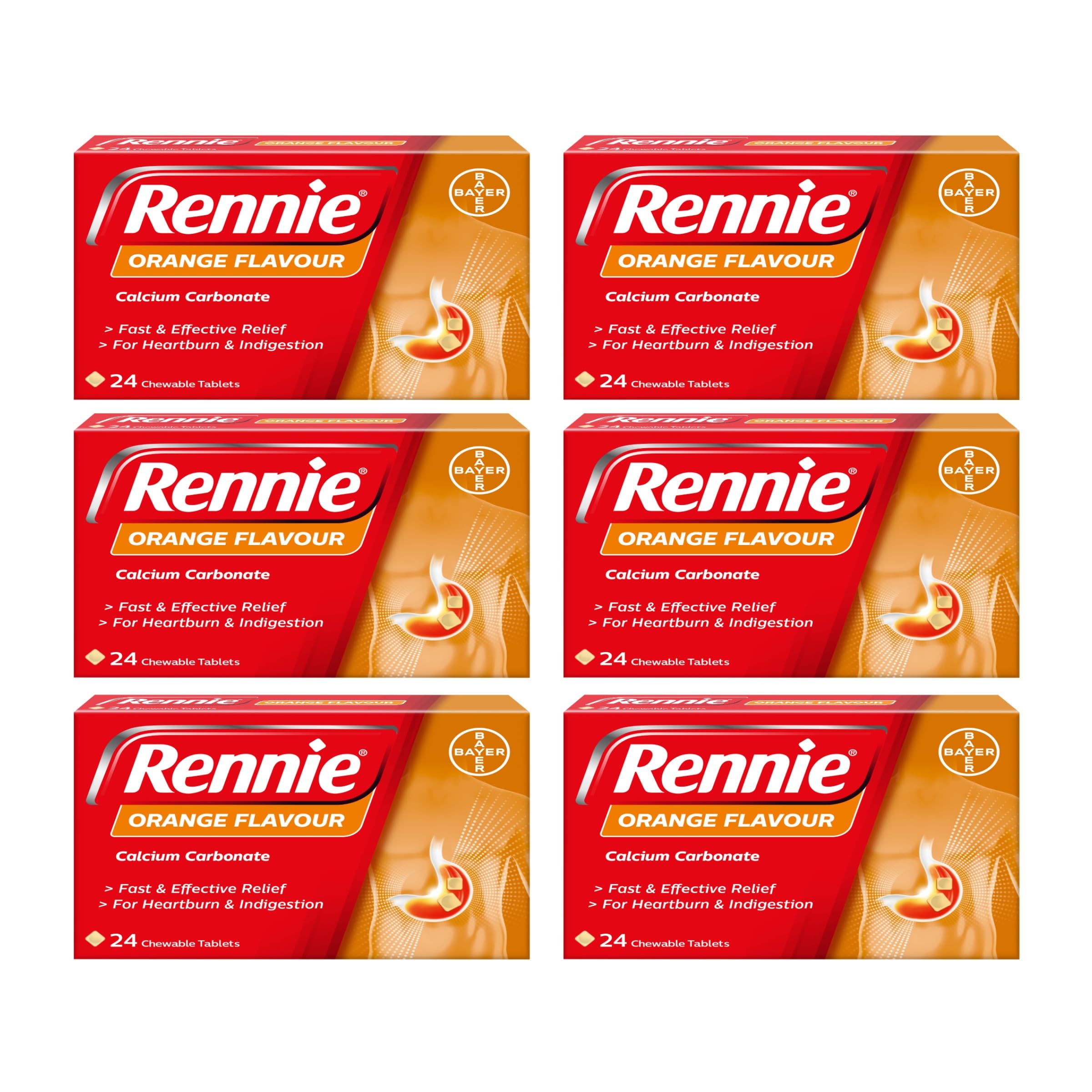 Rennie Orange - Antacids, Heartburn and Indigestion Fast and Effective Relief for Acid Reflux - 144 Tablets (6 Pack of 24 Tablets)