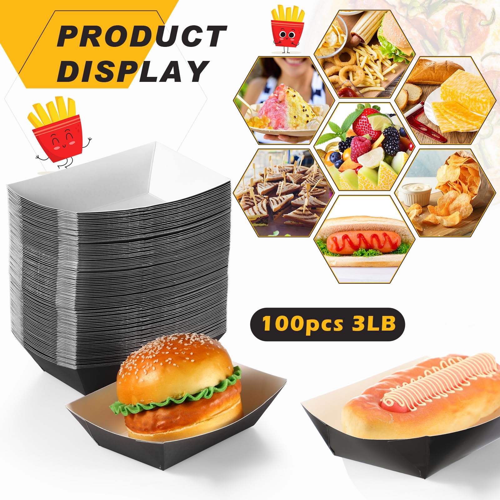 Yinkin 100 Pcs Graduation 3lb Paper Food Trays Boat Disposable Nacho Trays Kraft Paper Boat for Tacos Concession Christmas Party Supplies(Black)