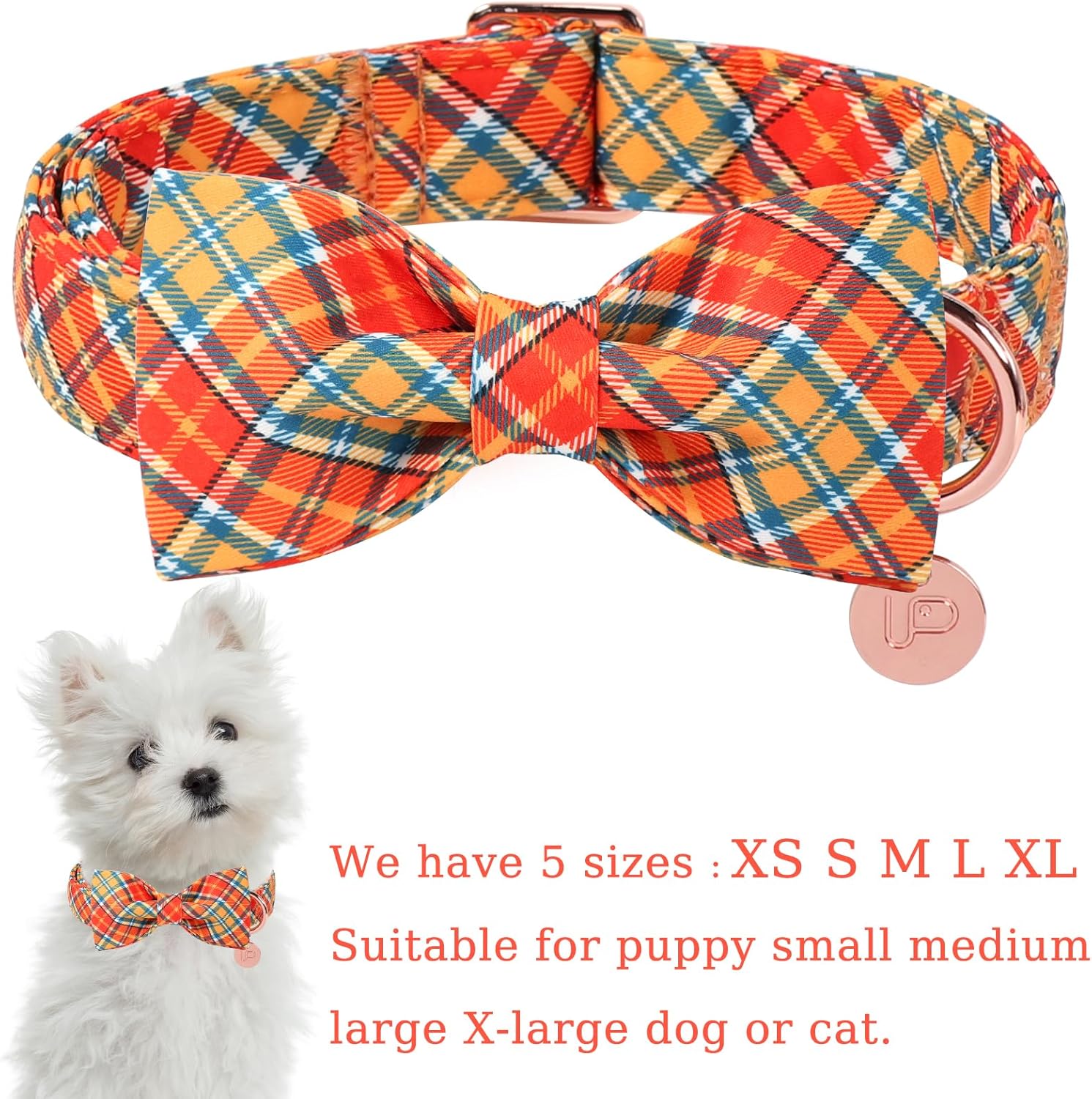 Autumn Plaid Dog Collar and Bow Tie Set – Orange Yellow Checkered Adjustable Fall Collar with Maple Leaf Charm for Small Medium Large Dogs, Soft Cotton Pet Collars with Buckle and D-Ring S FallOrangeGrid C - 2