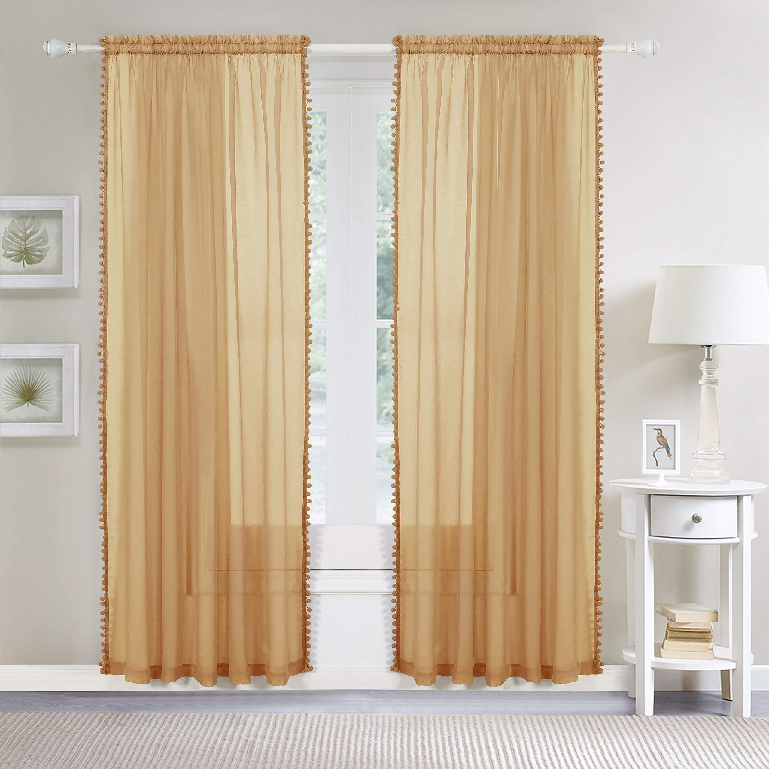 Elegant Comfort Semi-Sheer Pom Pom Tassels Curtains, 2 Panels Set, with 2inch Rod Pocket - Image 2