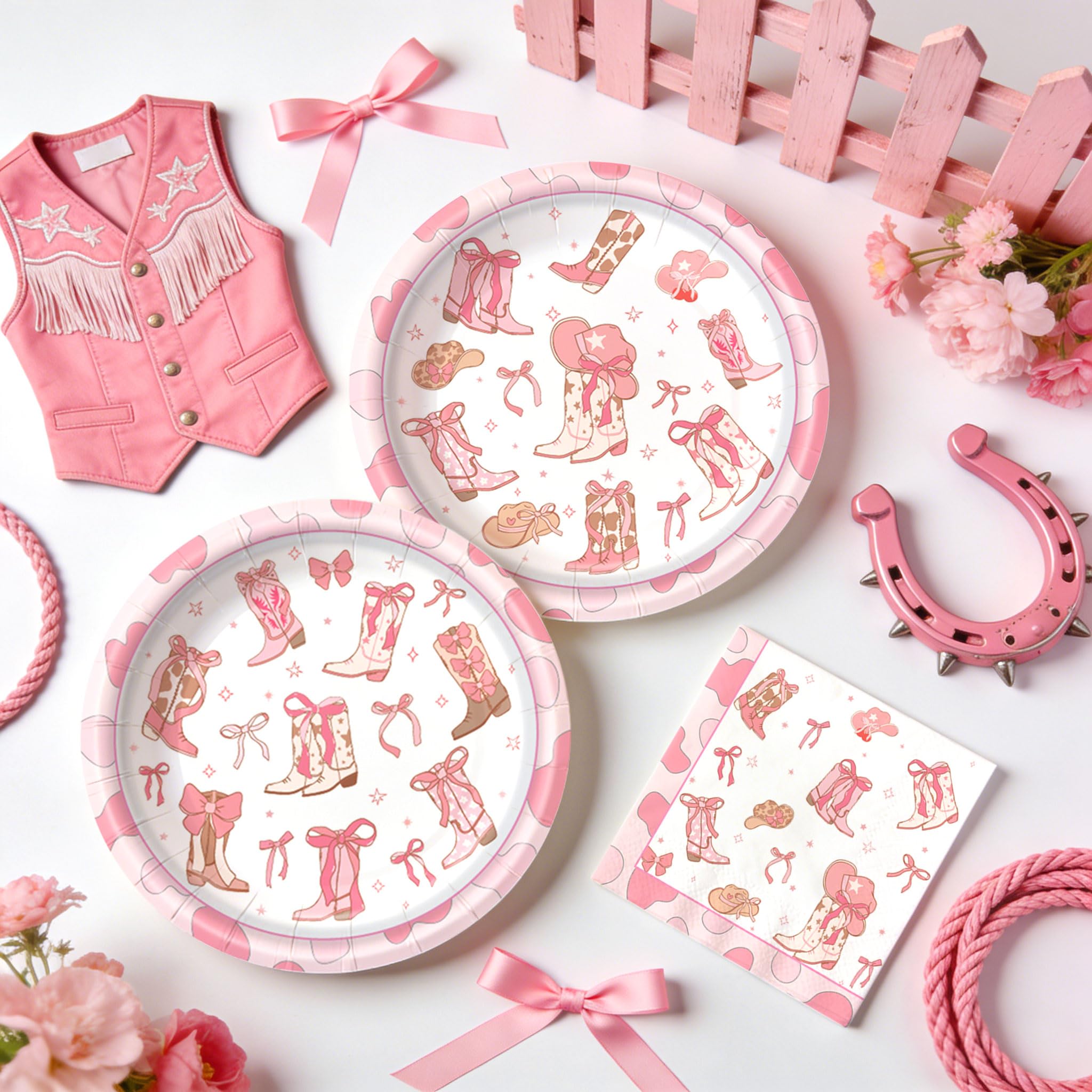 JeVenis Pink Bow Western Cowgirl Plates Napkins Disposable Pink Bowknot Rodeo Tableware Bachelorette Baby Bridal Shower Supplies Favors for 10 Guest - Image 4