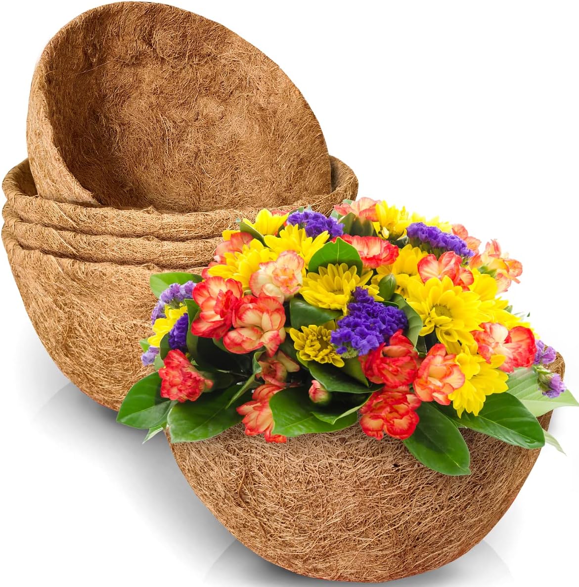 TigeJoy Coco Coir Liners for Hanging Baskets, 100% Natural Coco Fiber Planter Insert, 3PCS 14 inch Thick Round Coconut Liners for Garden Plants Flower Vegetable Pot, Replacement Liner