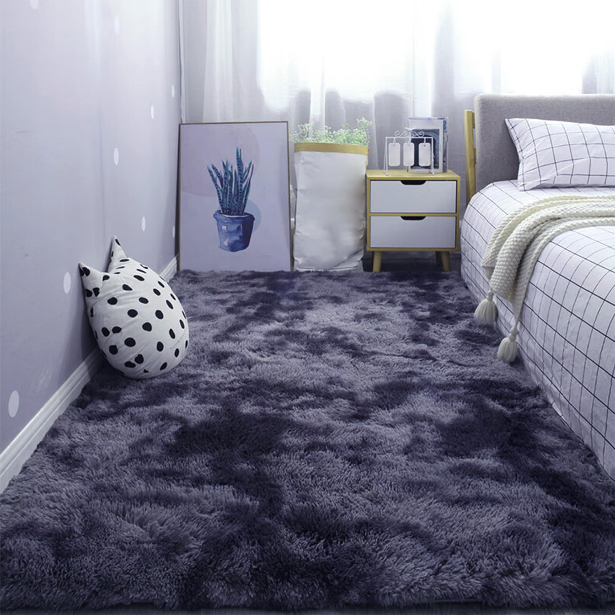 Grand Tapis de Salon 140 x 180 cm Dessous Antidérapant Tapis Shaggy Long Poil Facile à Nettoyer pour Chambre à Coucher, Salon, Crèche, Gris Foncé