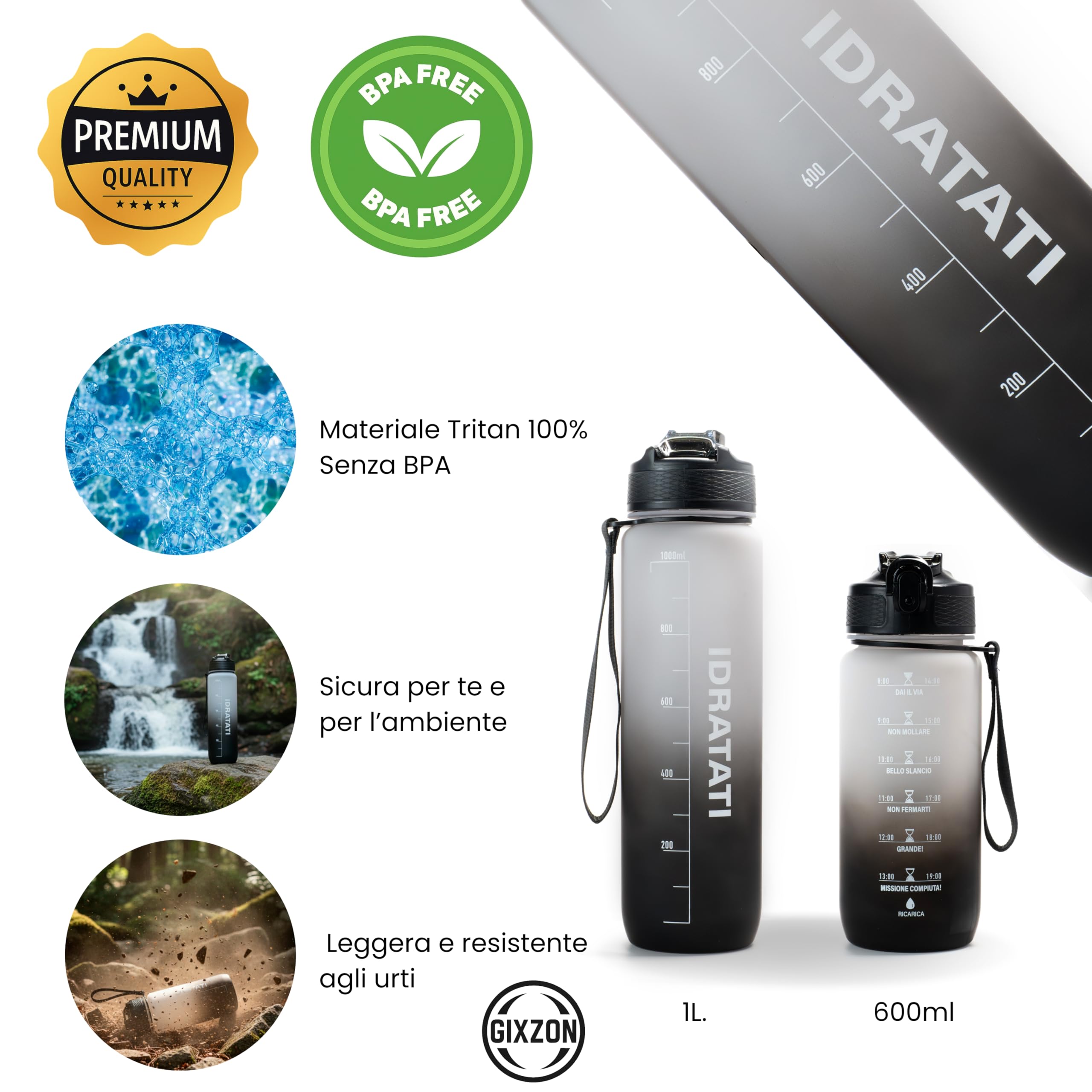 GIXZON Borraccia Motivazionale 1L in Tritan Senza BPA con Frasi e Orari in Italiano, Cannuccia e Tappo di Sicurezza, Perfetta per Sport, Palestra, Yoga e Scuola