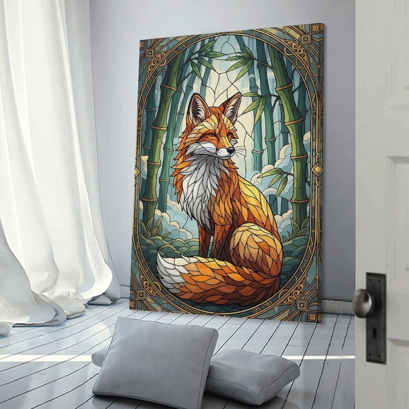 Junmoney Frame-Style-6-1 Canvas Art Print Fox In Bamboo Forest Stained Glass, 20X30inch(50X75cm), For Office, Study Or Home Workspace, Home Office Artwork With Decorative Appeal