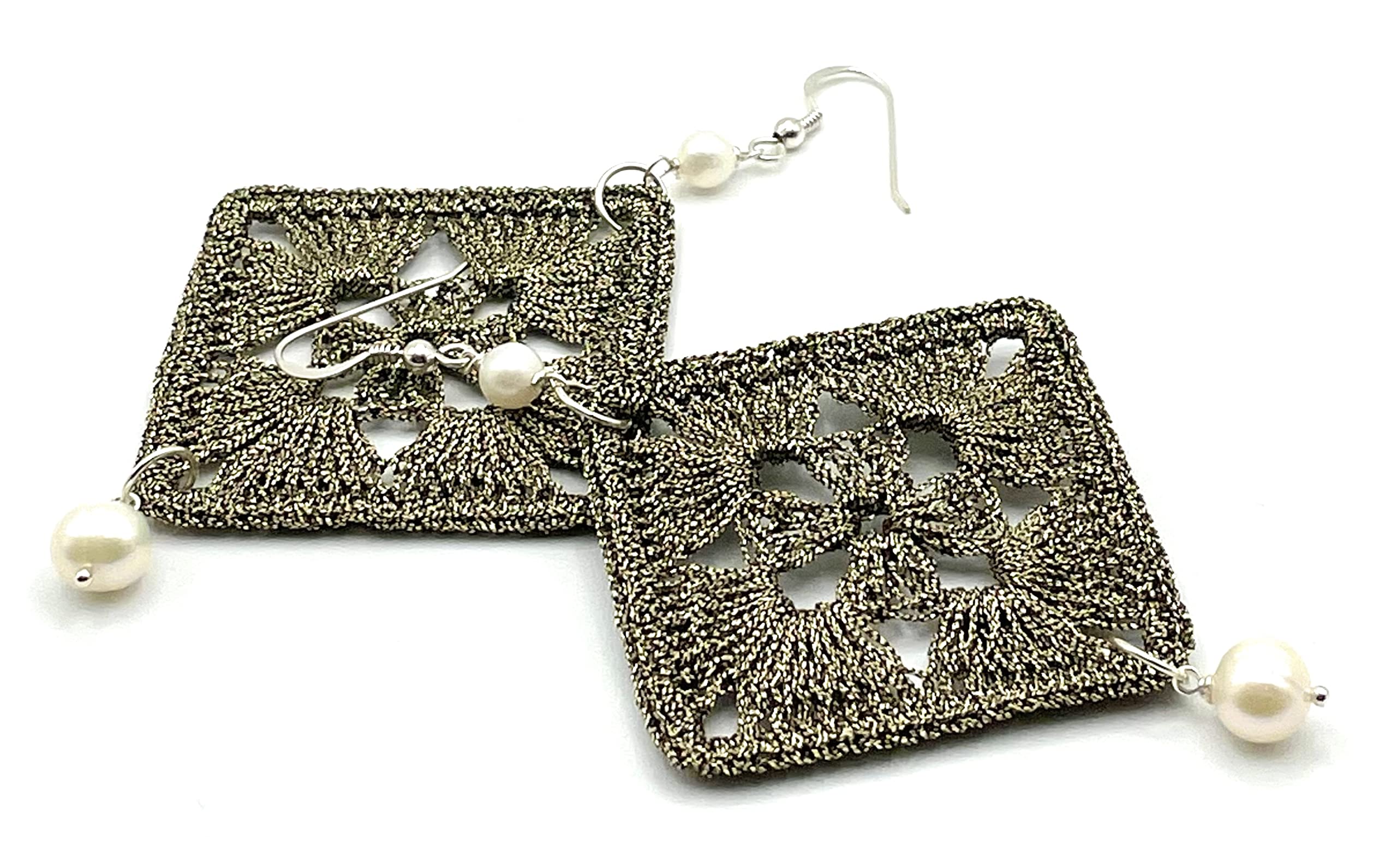 Orecchini Grandi all'Uncinetto e Perle Bianche, Pendenti in Argento 925, Gioielli Artigianali, Bijoux