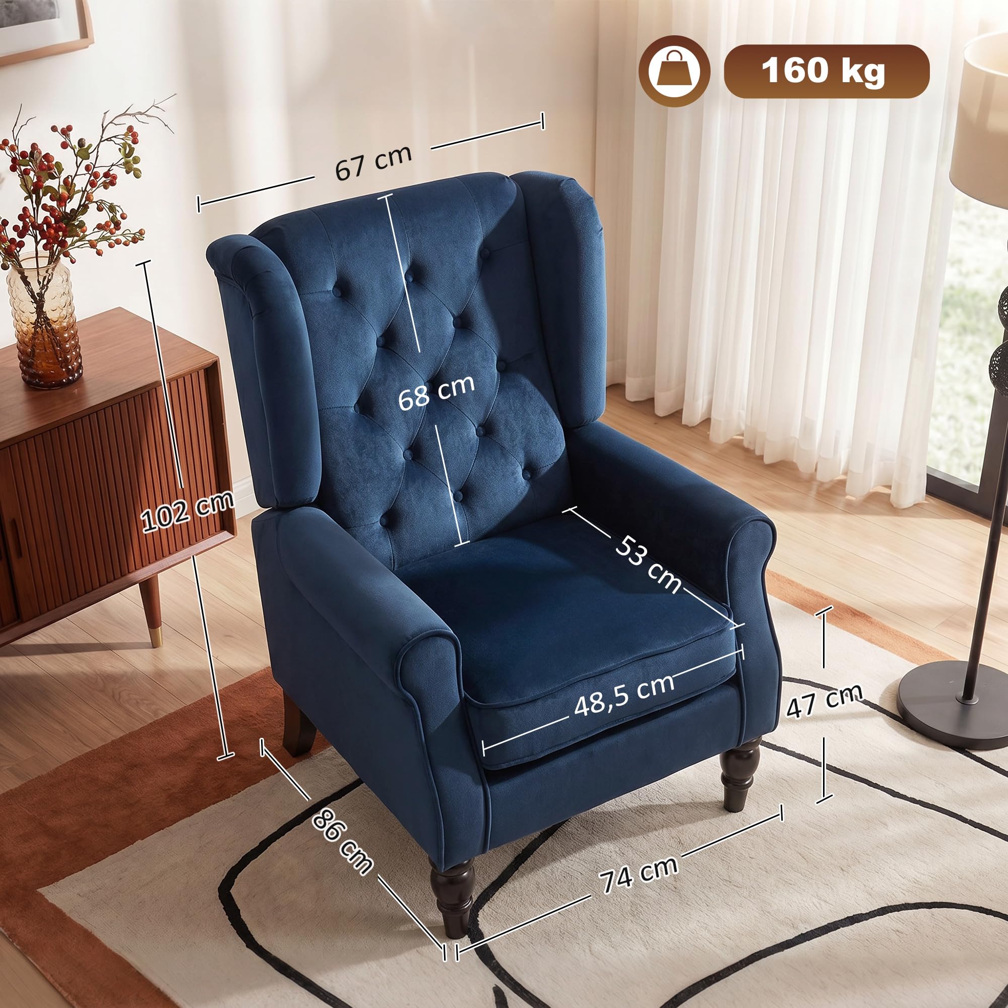 HOMCOM Fauteuil de Salon, Fauteuil Capitonné avec Pieds en Bois, Assise Large, Grand Confort, Style Classique, 74 x 86 x 102 cm, Bleu Foncé