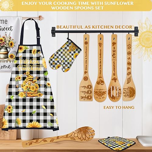 Miniatura 4 de Juego de utensilios de cocina de girasol, cuchara de cocina de bambú con delantal, manoplas de horno, accesorios de cocina de girasol, regalos de