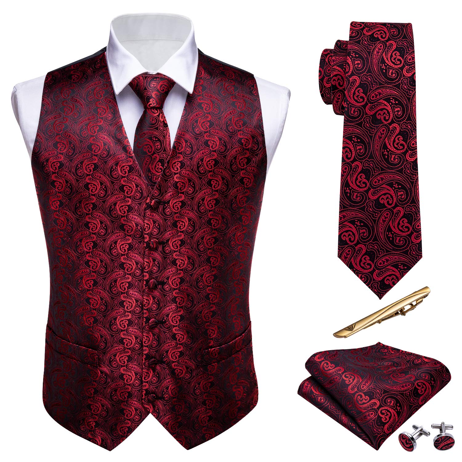 Barry.Wang Men's Suit Vest Formal/Casual Paisley Silk Tie Vests 5PCS