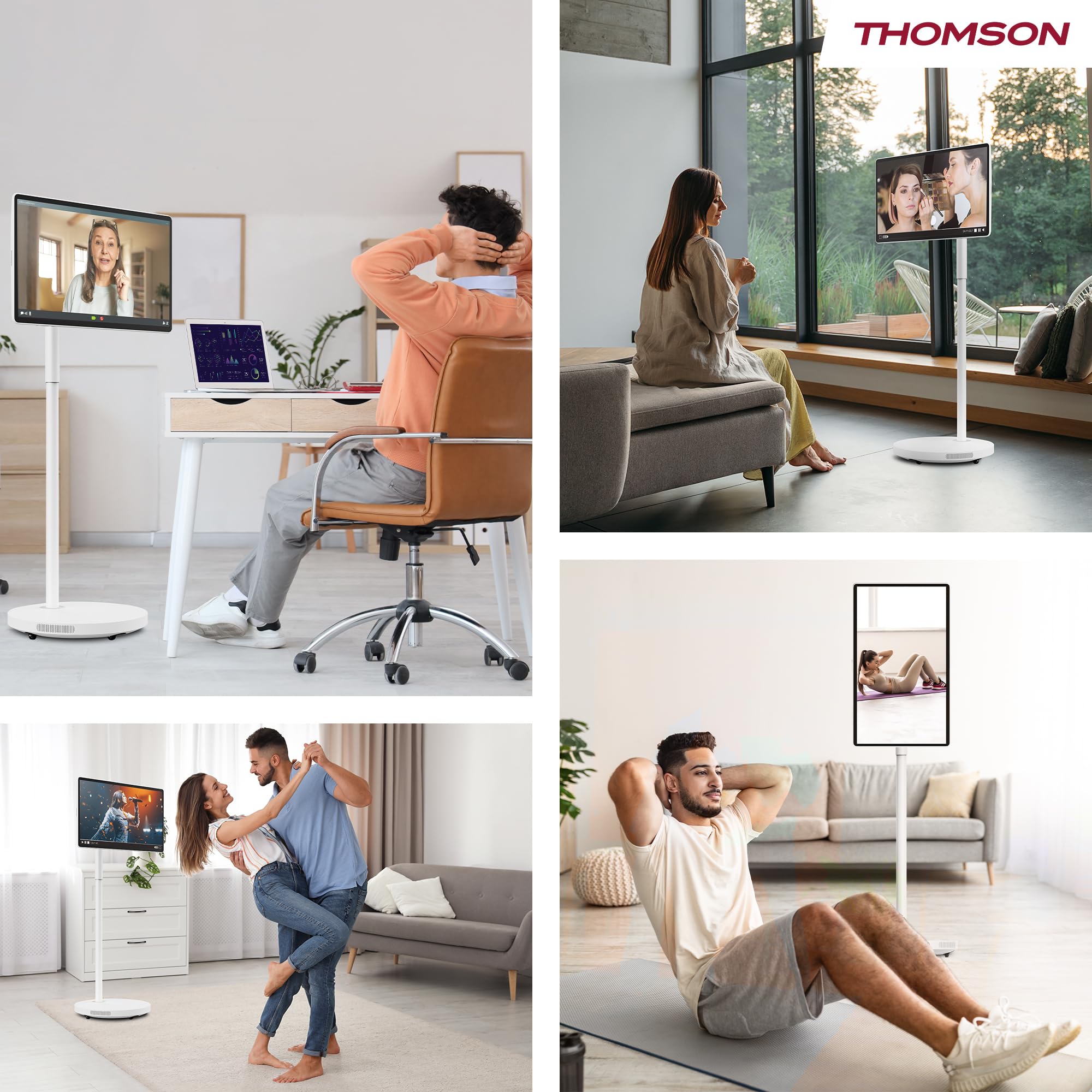 THOMSON Go Plus Pro Pantalla Táctil Inteligente 27 Pulgadas (69 cm) FHD, Android, Control por Voz, Hotspot, Cámara 5MP, Subwoofer, WiFi 6, Bluetooth, Batería 4 Horas, Soporte Portátil - Blanco