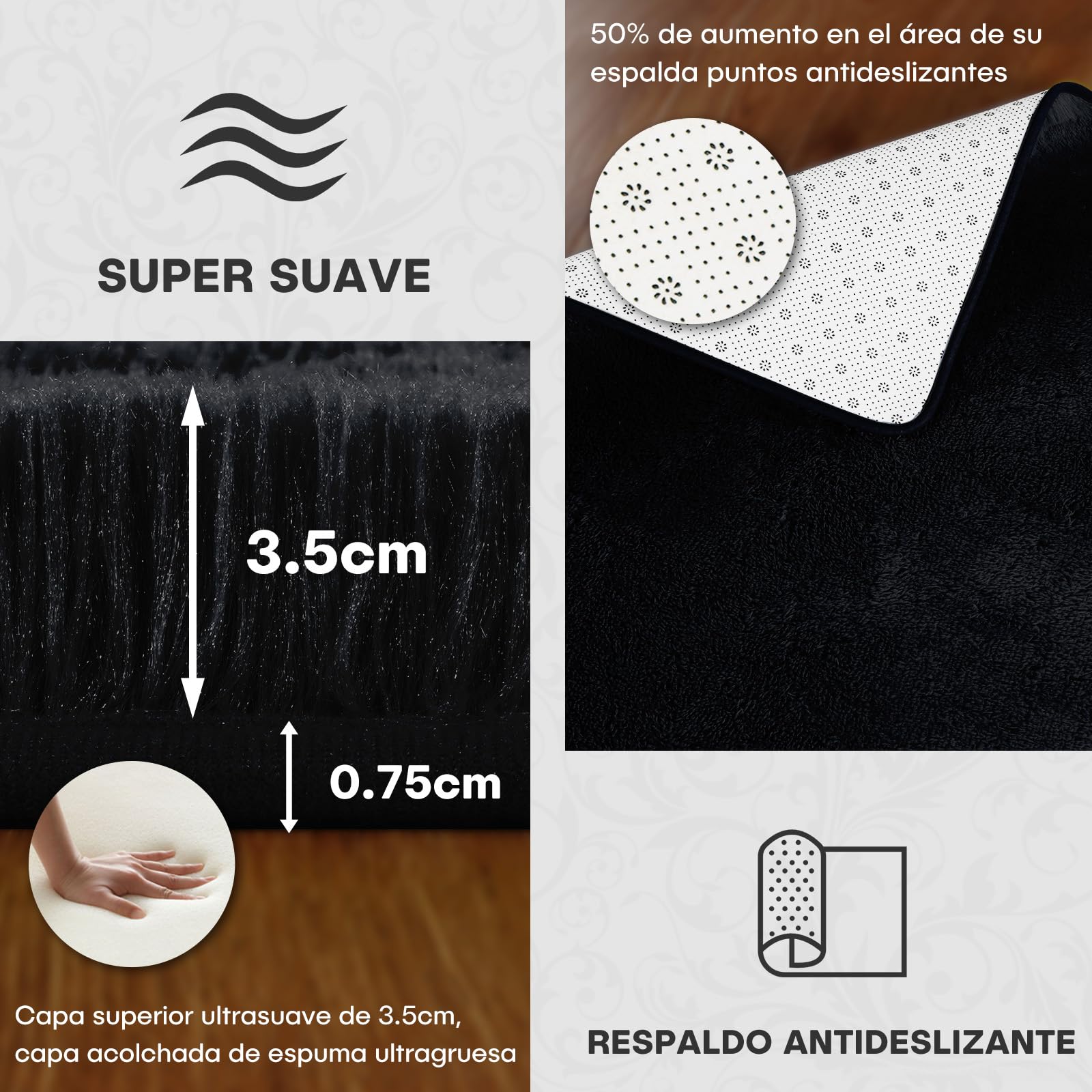 XSIVOD Alfombra mullida de pelo largo, color negro, lavable, 120 x 160 cm, para salón y dormitorio, antideslizante, moderna y suave para habitación infantil