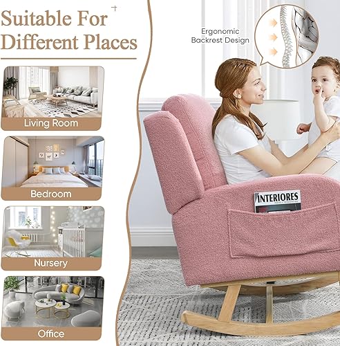 Miniatura 5 de Mecedora para guardería, mecedora tapizada con respaldo alado, mecedora con respaldo alto cómodo, reposabrazos curvado, almohada lumbar para sala de