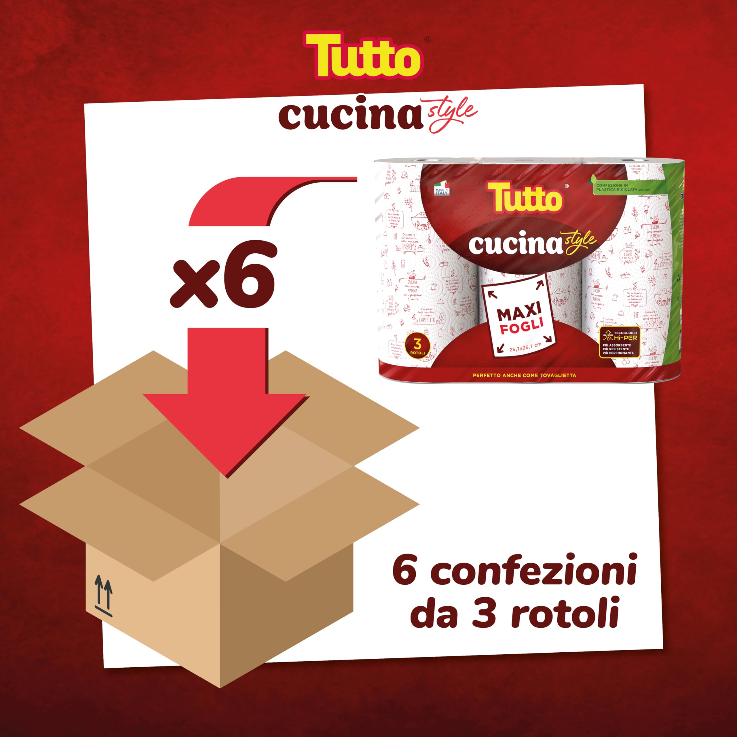 Asciugatutto TUTTO CUCINA STYLE, 18 Rotoli, Carta Super Assorbente e Resistente, Pulizia Rapida e Senza Sforzo, Tecnologia HI-PER, Made in Italy, 821710