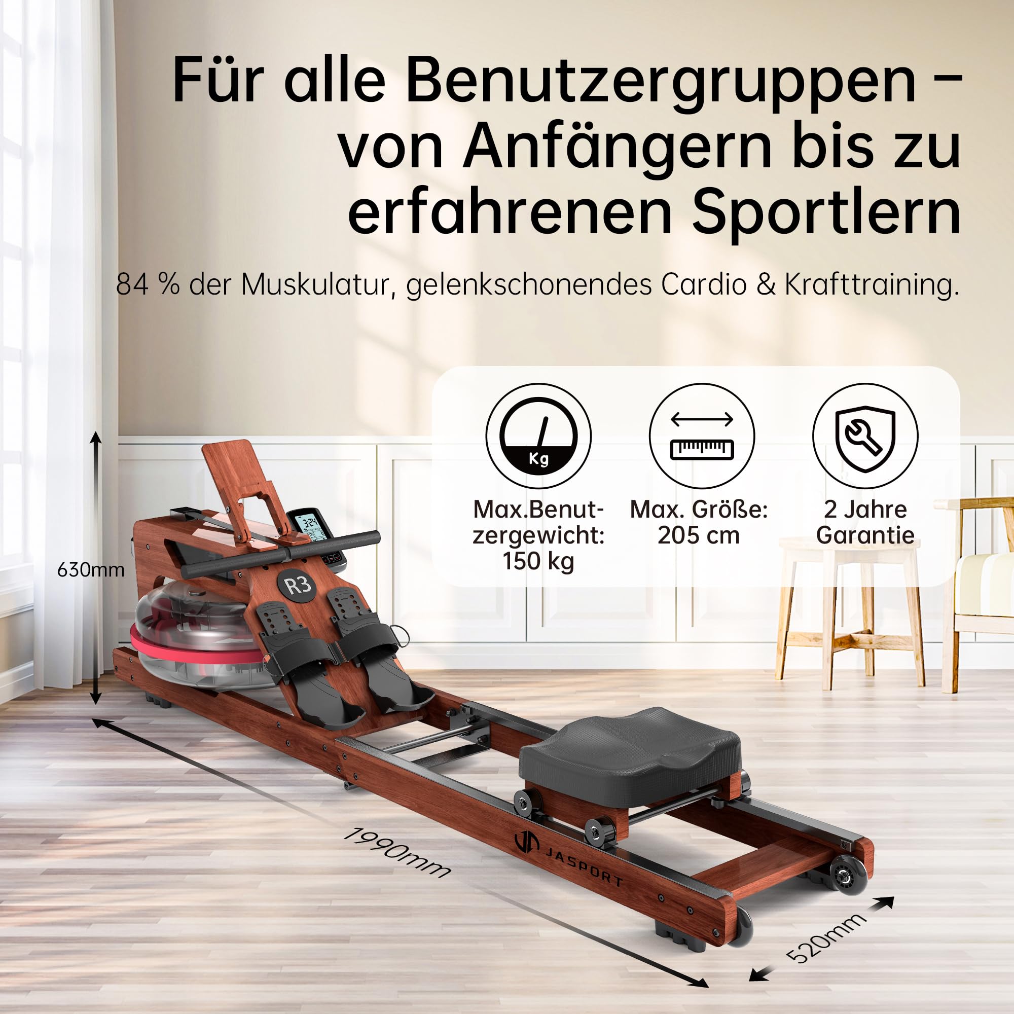 R3 Faltbares Rudergerät aus Eichenholz, mit Bluetooth-fähigem LCD-Display, kompatibel mit Kinomap, 28L Wassertank, belastbar bis 150 kg, ergonomischer Sitz, Verstellbarer Tablethalter