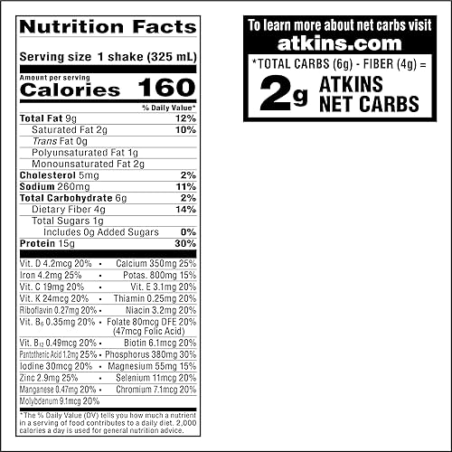 Vista 43 de Atkins Batido de proteína de plátano y chocolate, 0.55 onzas de proteína, bajo índice glucémico, 0.18 onzas de carbohidratos netos, 0.07 oz