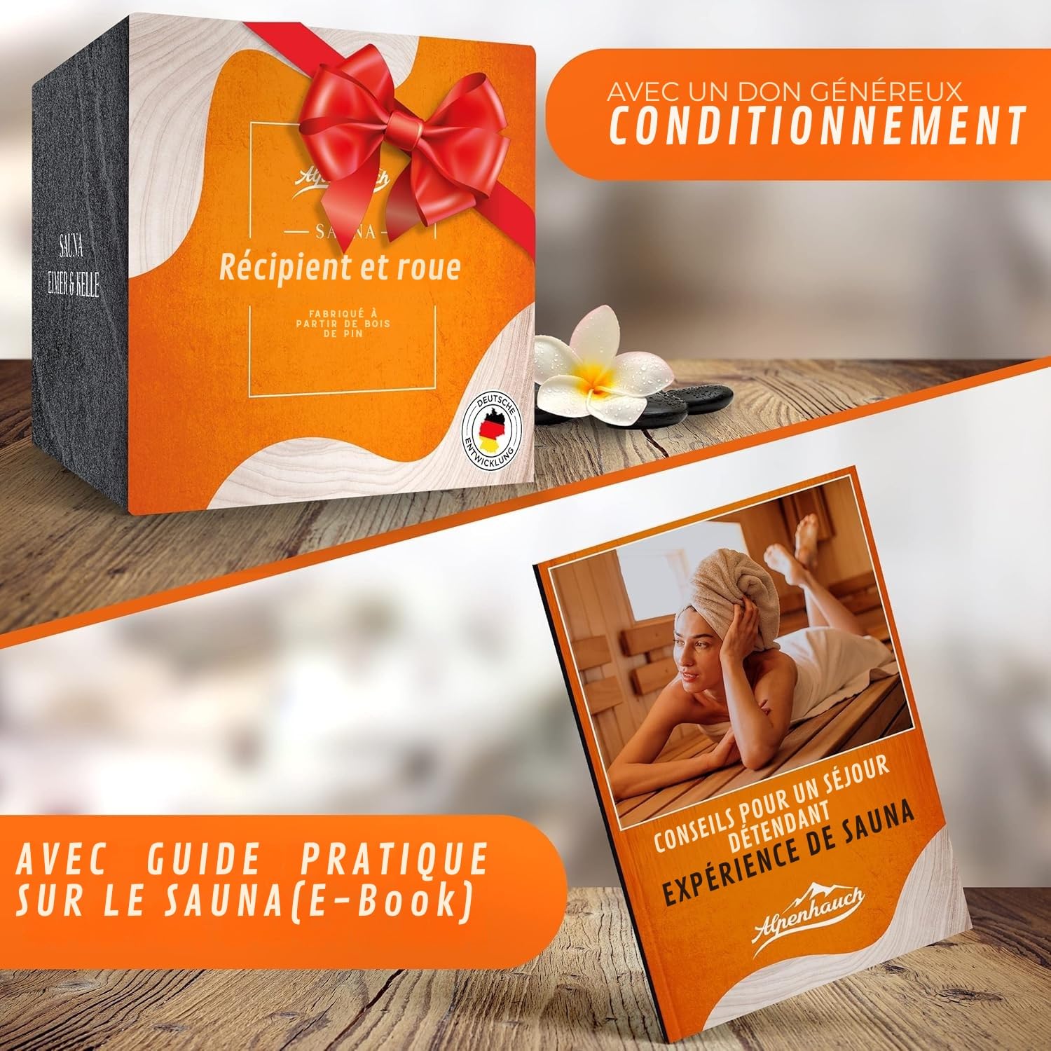 ALPENHAUCH Seau de sauna avec truelle [100% bois naturel] – Seau de sauna élégant avec truelle – Accessoires de sauna durables – Ensemble seau à infusion