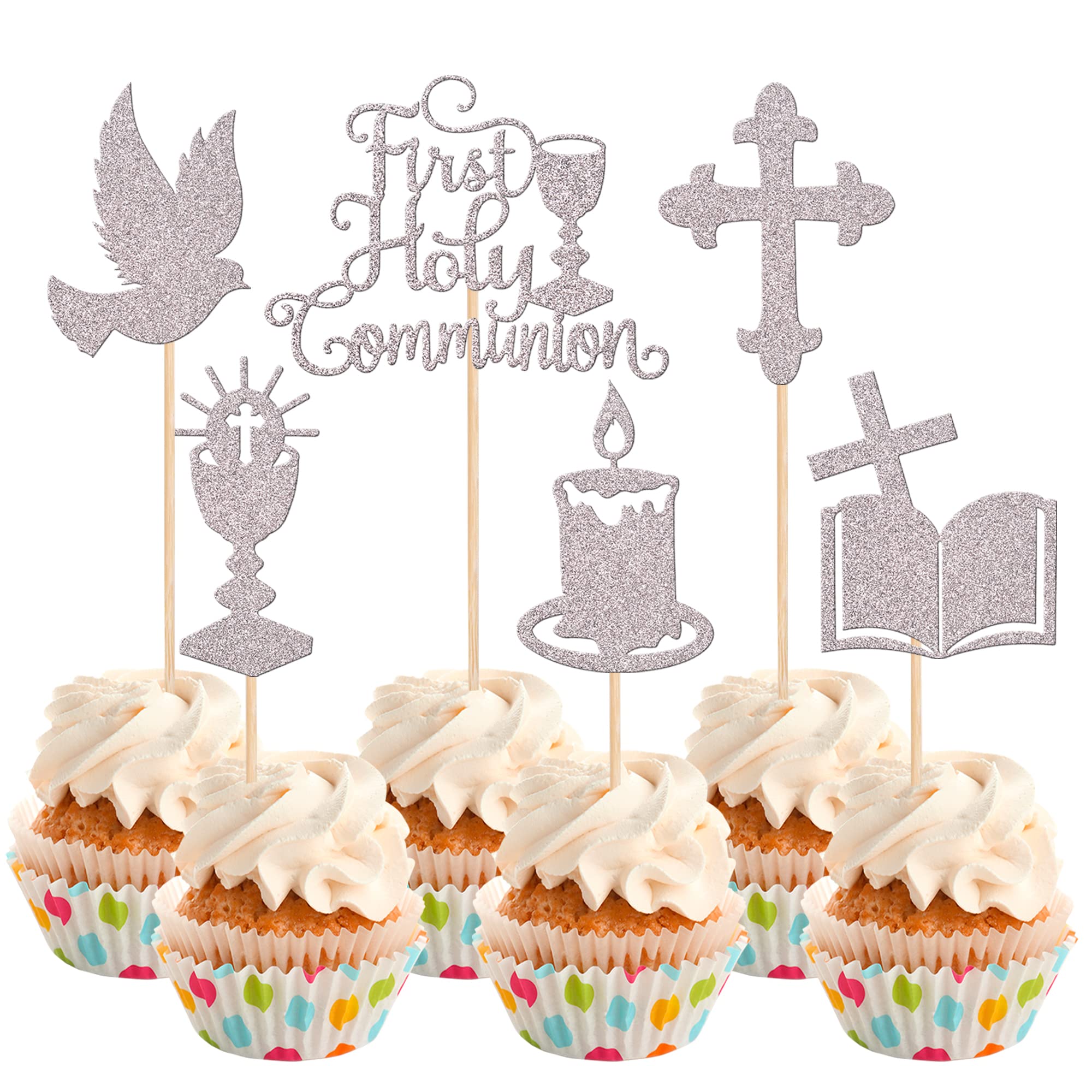 Xsstarmi 36 PCS First Holy Communion Cupcake Toppers Glitter God Bless Dove Cross Cupcake Picks First Communion Cake Decorations for God Christian Baptism Theme Baby Shower Birthday Party Silver