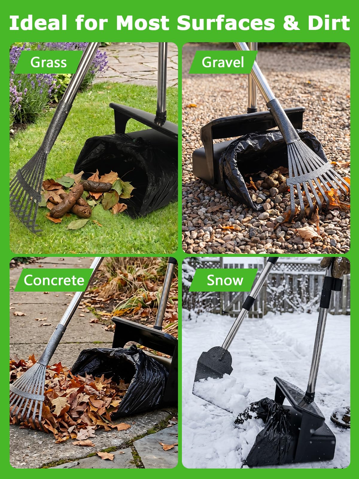 Long Manche Pelle à Déjections Canines et Râteau & Collecteur Pivotante | Acier inoxydable, Sans se baisser, Anti-odeurs, 50 sacs inclus, Pour jardin, cour et promenade quotidienne, Facile à Nettoye