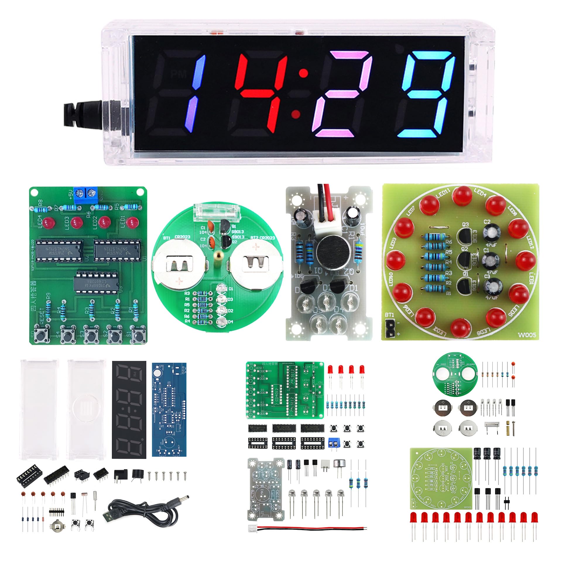 YIDAB Soldering Practice Kit DIY RGB Alarm Clock Green Sound Sensor RGB Gyro Red Responder Red Flash Turntable Electronics Projects Simple Welding