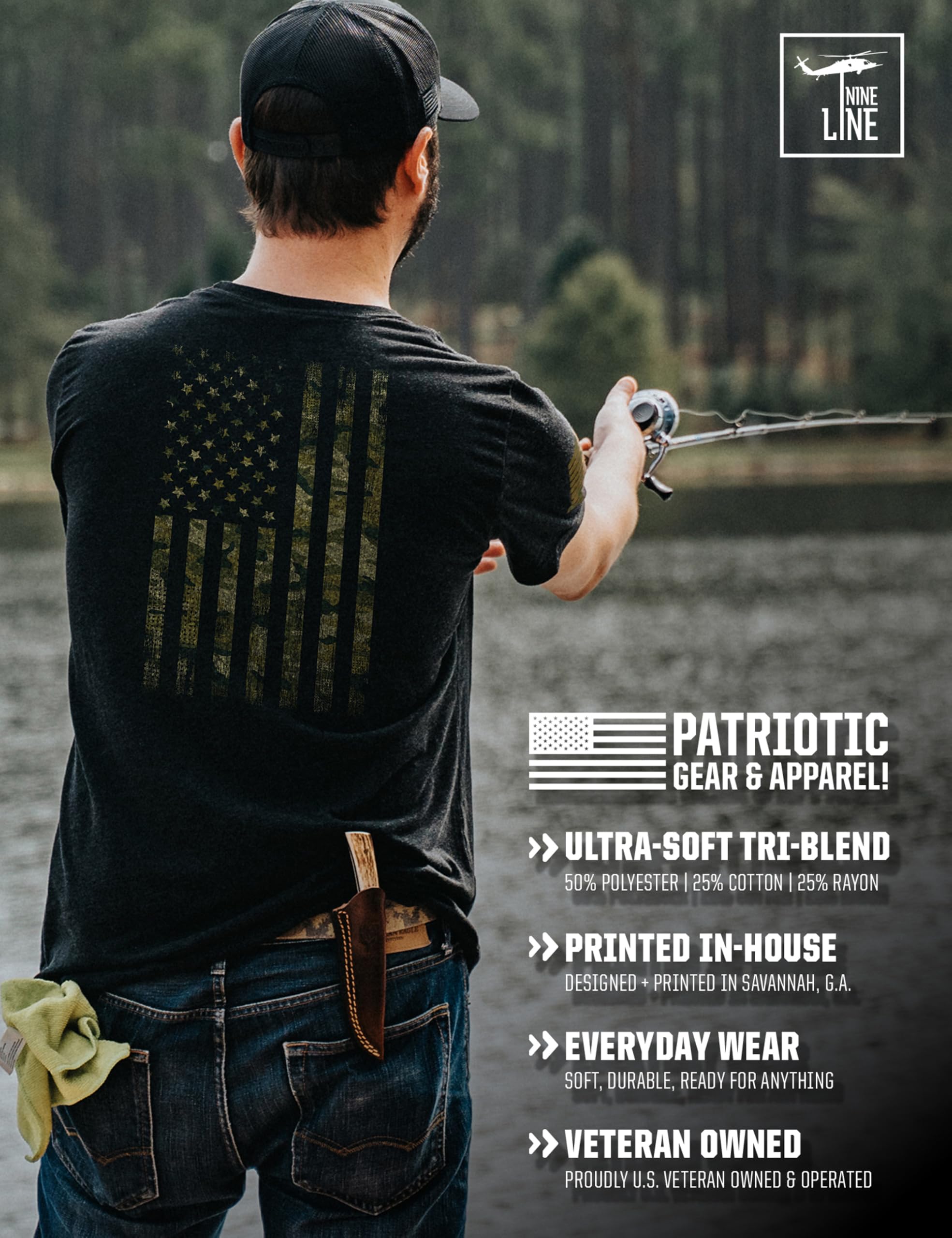 Nine Line T-Shirt mit amerikanischer Camo-Flagge, Symbol der Freiheit, patriotisches Hemd, Amerika-Flagge, Veteranen-Bekleidung, hergestellt in den USA