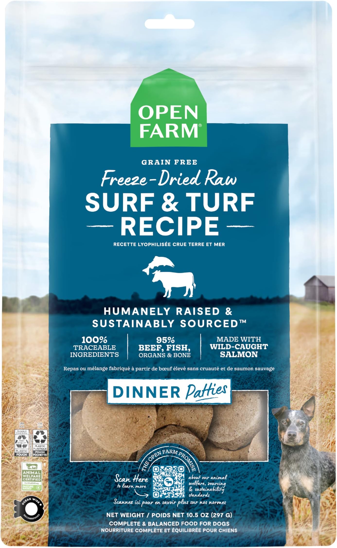 Open Farm, Freeze Dried Raw Dog Food, Patties with 95% Meat, Organs & Bone, Complete Meal or Freeze Dried Dog Food Mixer, Surf & Turf Recipe, 10.5oz Bag