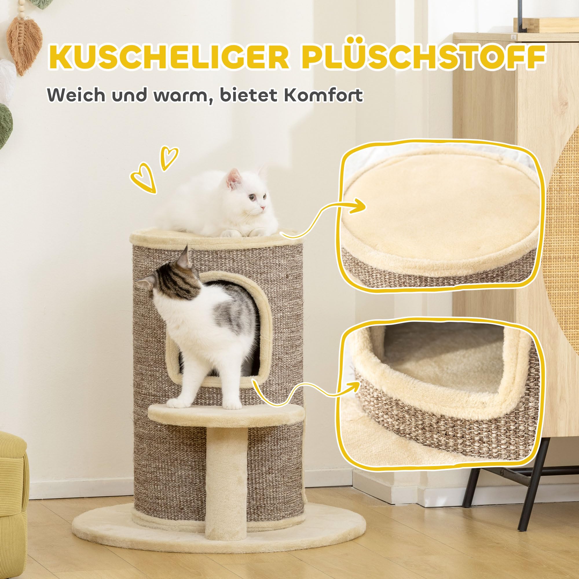 PawHut Kratztonne für Katzen, 61 cm Hoch Katzentonne mit 2 Höhlen, Kratzbaum mit Sprungplattform, Katzenturm aus Sisal, Plüsch, für kleine Katzen Beige
