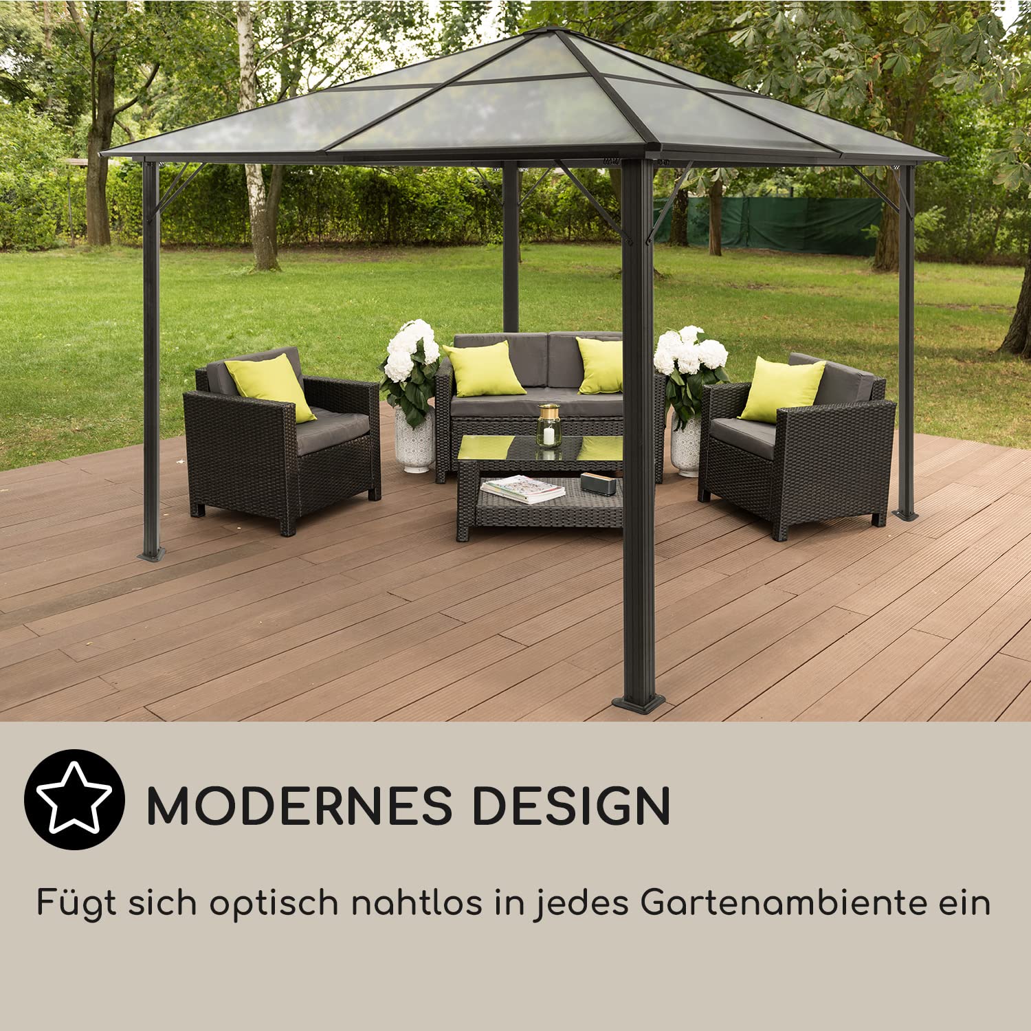Blumfeldt Pavillon 3x4m, Rostfreier Aluminium-Pavillon mit Festem Dach & Dimmbaren LED-Lichter, Wasserdicht, Stabil & Winterfest, Langlebige Pergola Freistehend, Gartenpavillon für Terrasse