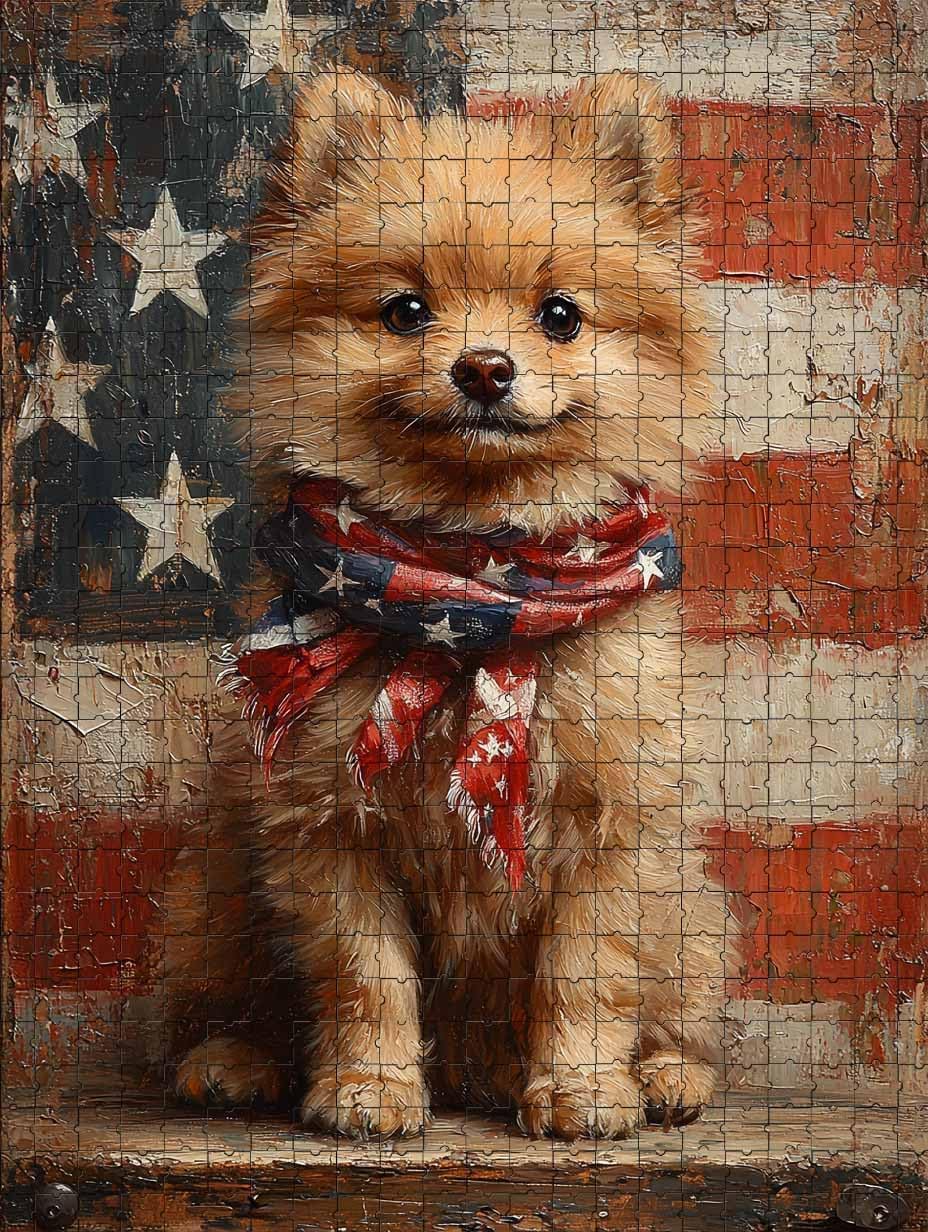 Challenging and Joyful Jigsaw Game Featuring Pomeranian with American Flag 1000 Piece Puzzle for Adults and Dog Lovers Wall Decor and Family Fun Gift