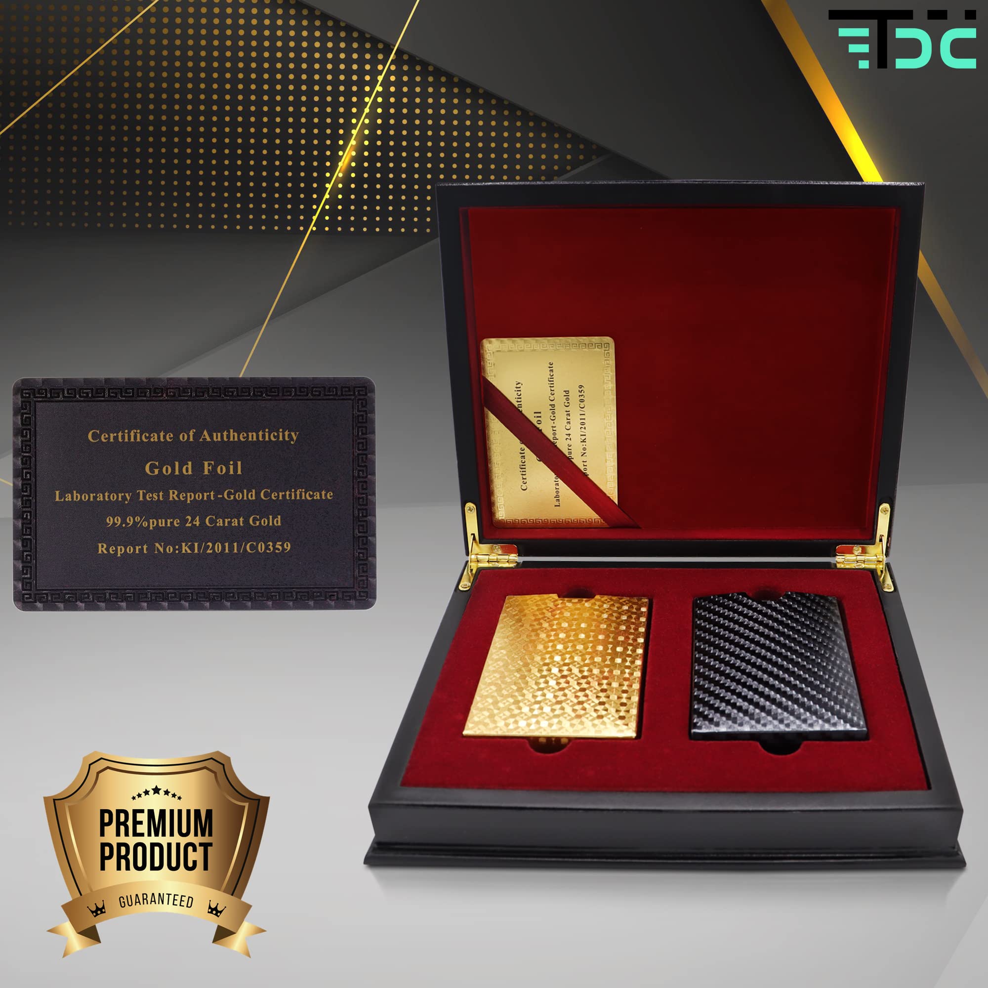 Cartas Poker. Baraja Poker Juego de Mesa con Caja Madera Maletin. Baraja de Cartas Poker Impermeable. Baraja Poker Negras, Doradas, Oro. (Gold+Black+Box)