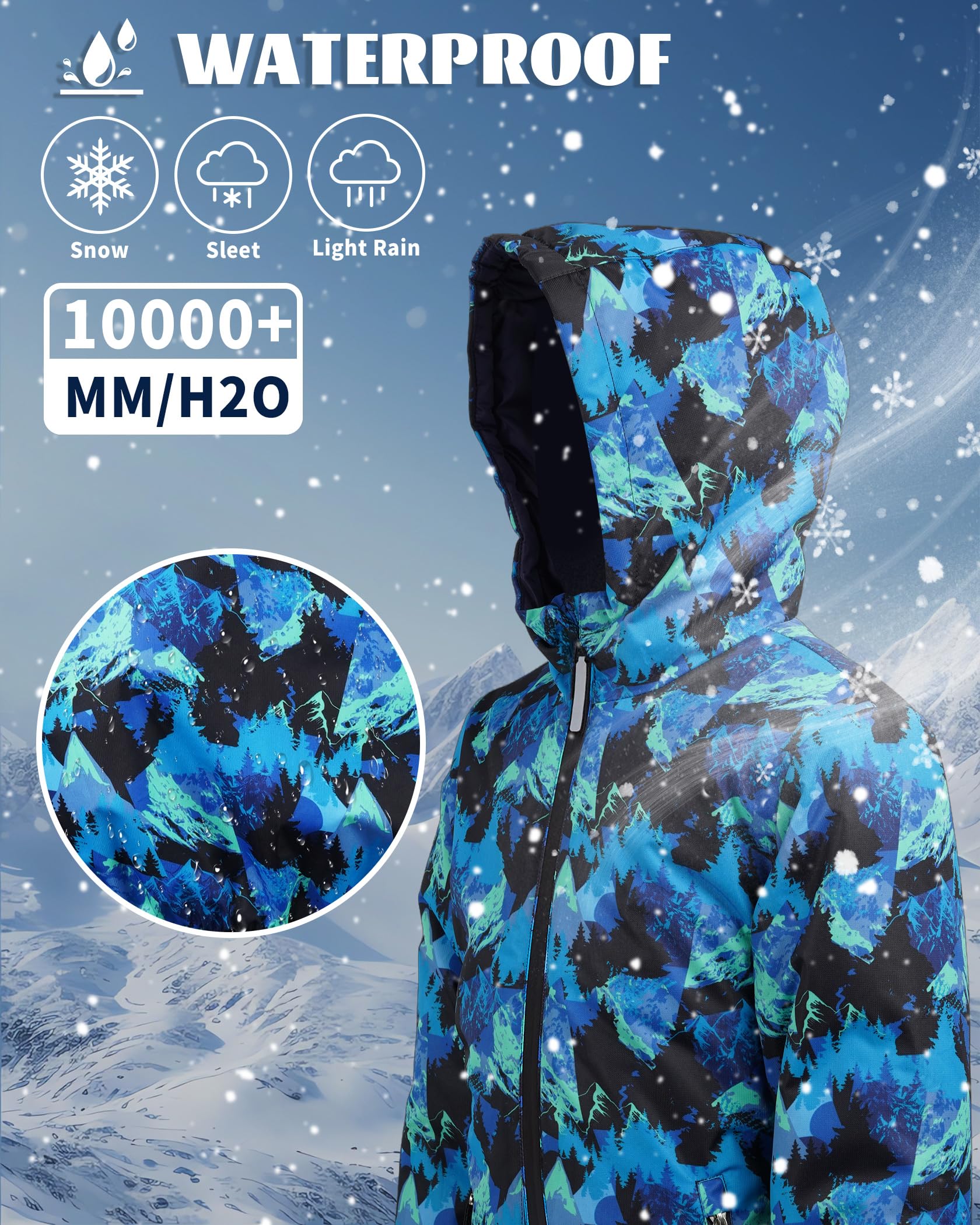 Owntop Schneeanzug Kinder Unisex, Schneeoverall Mädchen Jungen, Winddicht Wasserdicht Skianzug mit Kapuze Reißverschluss (Hellblau Tarnung,104)