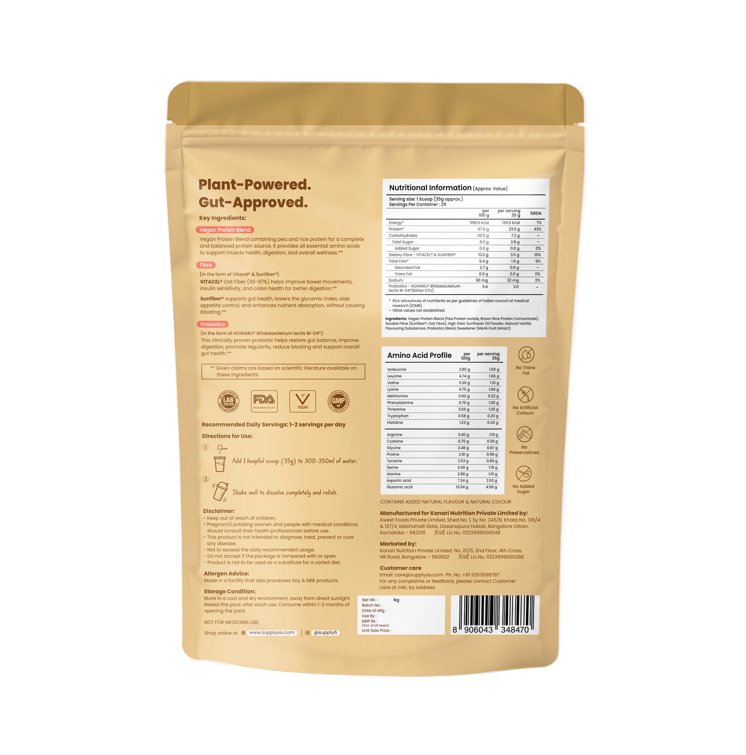 Supply6 Plant Protein | 24g Vegan Protein with Probiotics & Fibre | Complete Amino Acids | Gut-Friendly, Zero Sugar, No Chalkiness | Delicious Taste (1000g, Vanilla) — Amazon image 9