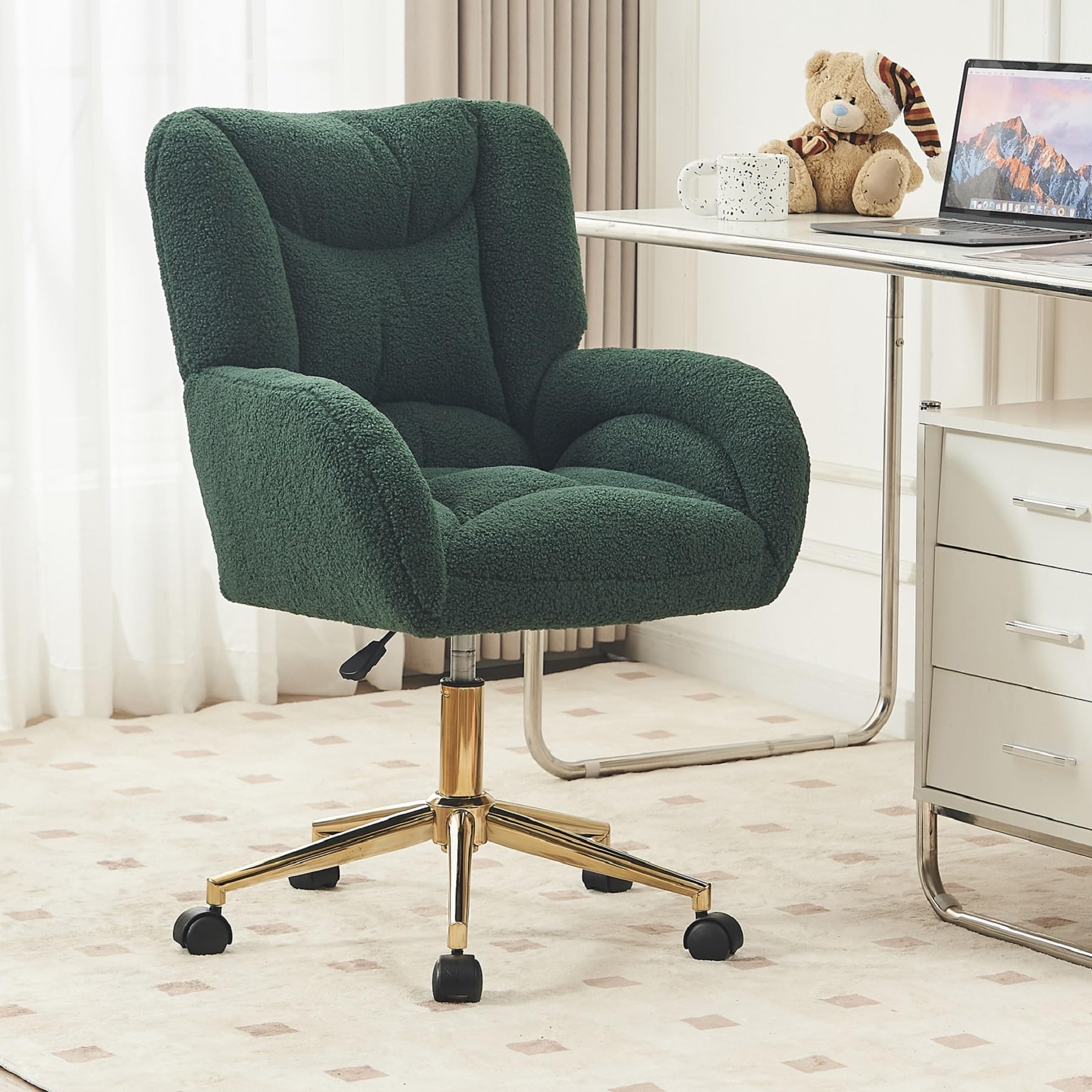 Comfy Green Teddy Desk Chair with Gold Legs & Wheels
