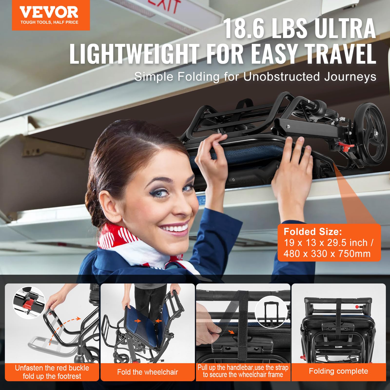 VEVOR Silla de Ruedas plegable de Transporte Ultraligera de Aleación de Aluminio para Adultos, con Brazos Abatibles hasta el Largo del Escritorio, Freno Autoblocante, 875 x 480 x 892 mm, Negro + Azul