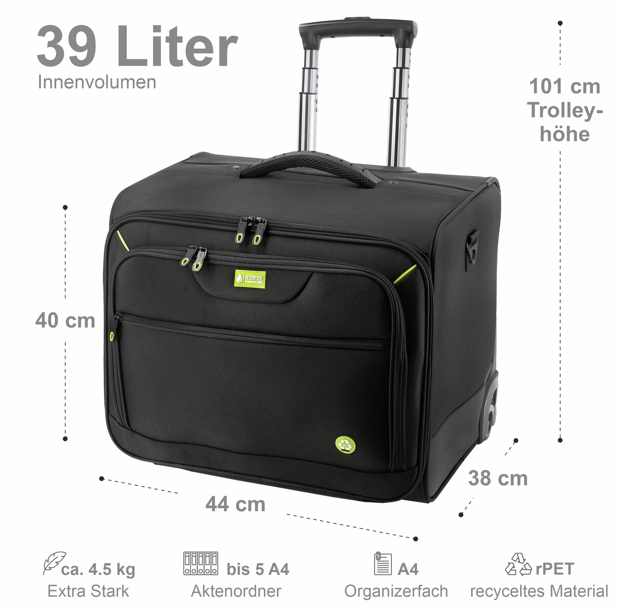 Aktenkoffer mit Rollen – XL Aktenkoffer Trolley aus recyceltem Polyester (rPET) für 5 A4 Aktenordner, Pilotenkoffer Business, schwarz