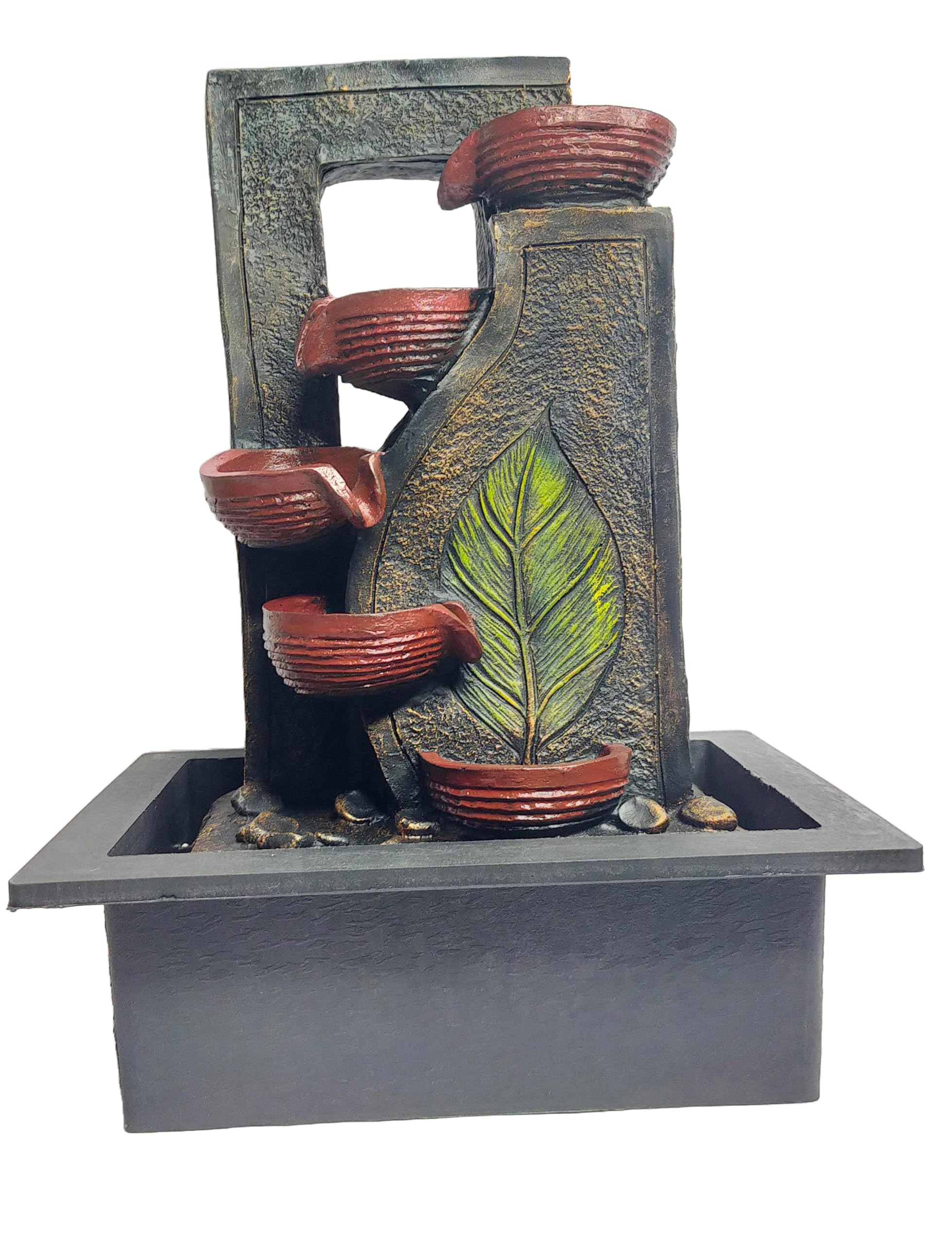 Decorative Tabletop Leaf Water Fountain with LED Lights, 41 cm Tall, Terracotta and Grey