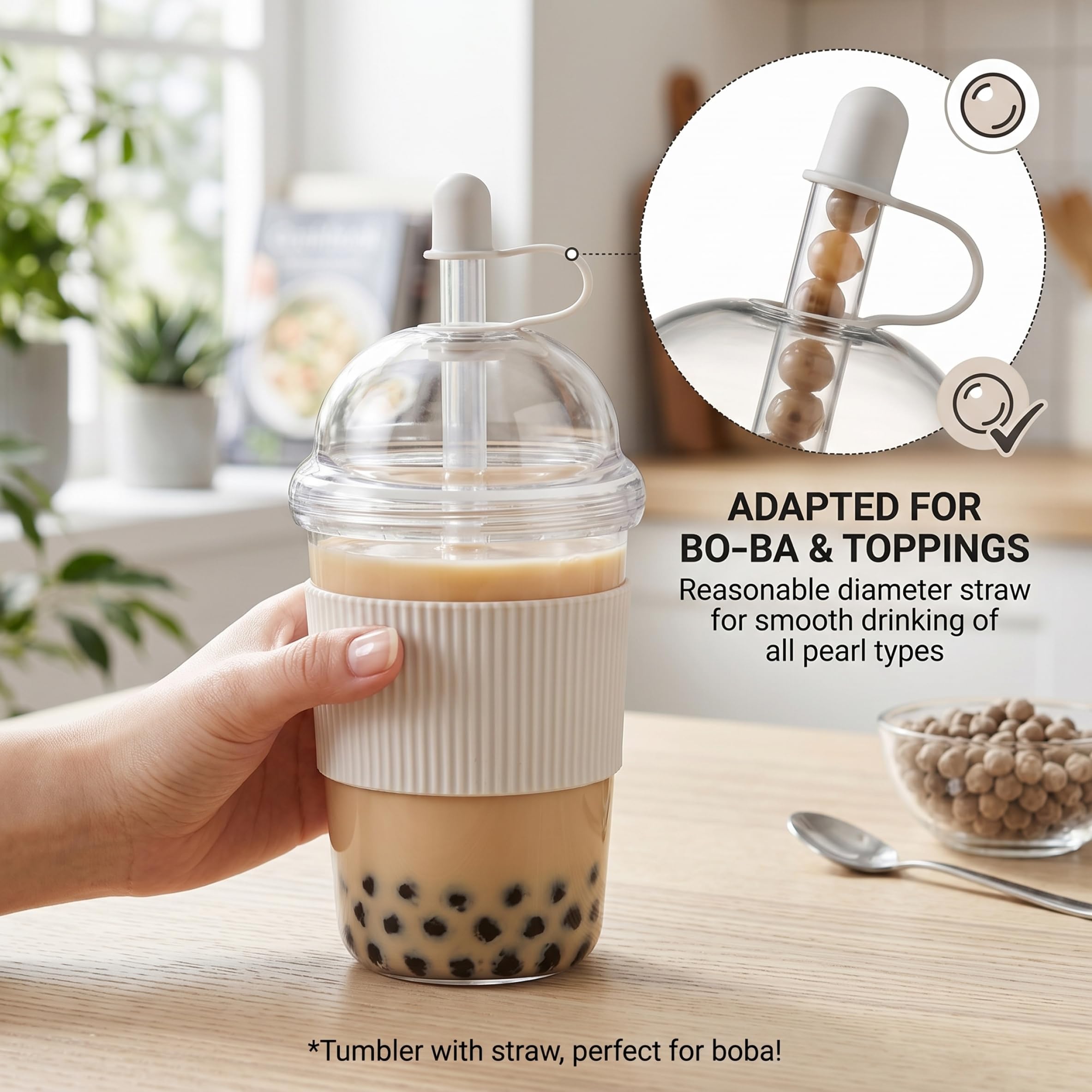 Wiederverwendbarer Eiskaffeebecher, 430 ml Eiskaffeebecher mit Strohhalm – Wasserbecher mit verbrühungshemmender Silikonhülle, weiß