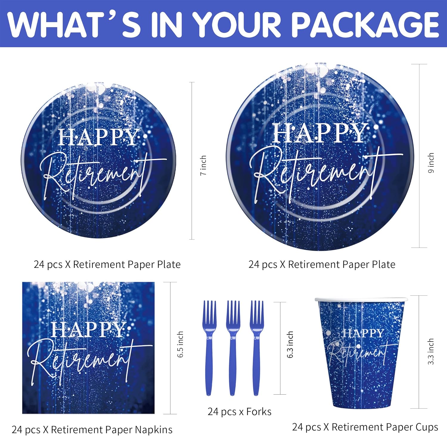 Blue Retirement Party Decorations Tableware For Women Men, Disposable Happy Retirement Party Supplies, Paper Plate, Cup, Napkin, Fork, Serve 24 (Pack of 2)