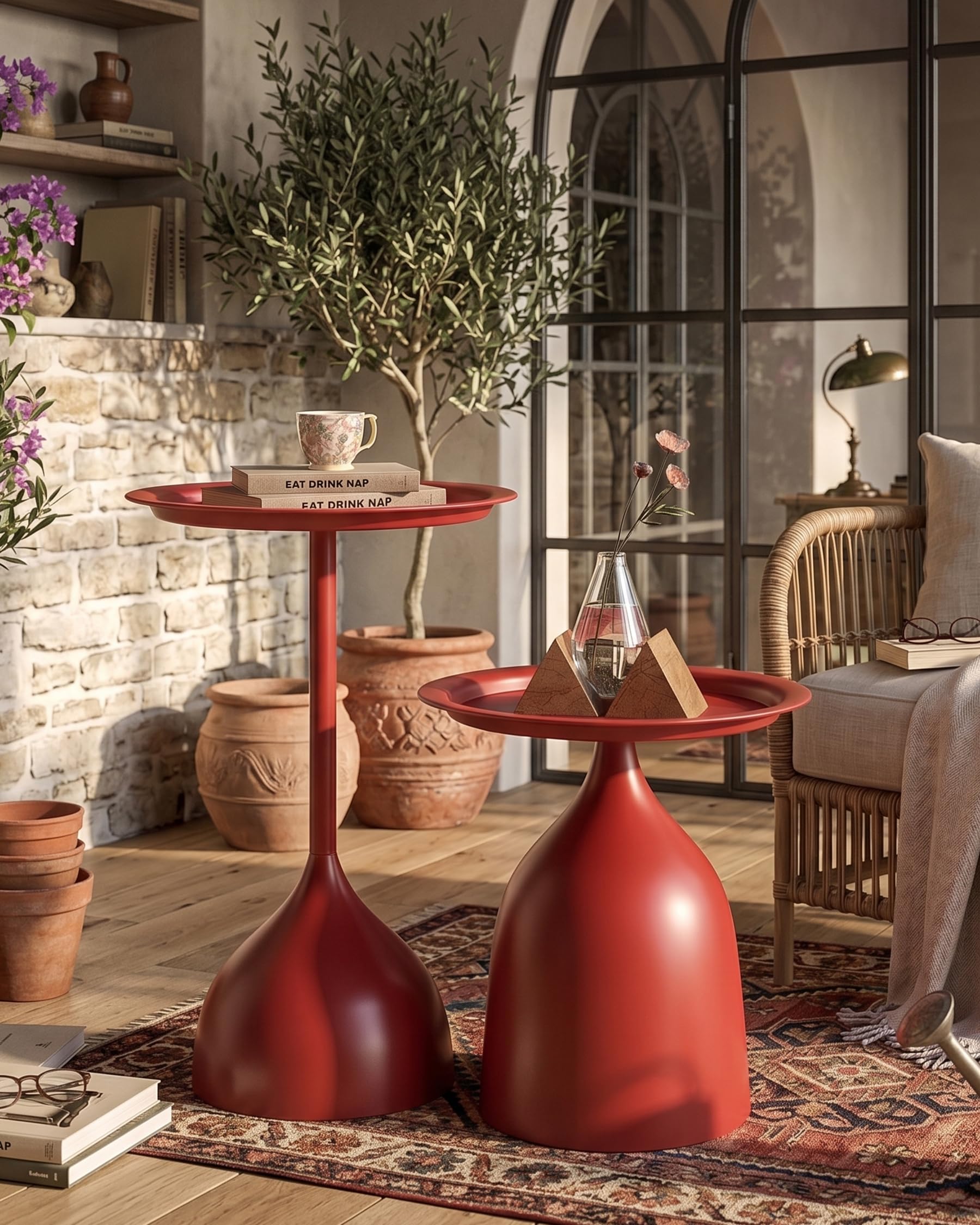 Set di 2 Tavolini Rotondi in Metallo, Piccolo Tavolino Camera da Letto per la Decorazione di Interni, Tavolino da Caffè in Metallo Rosso (Diametro 40 x 60 cm e 40 x 42 cm)