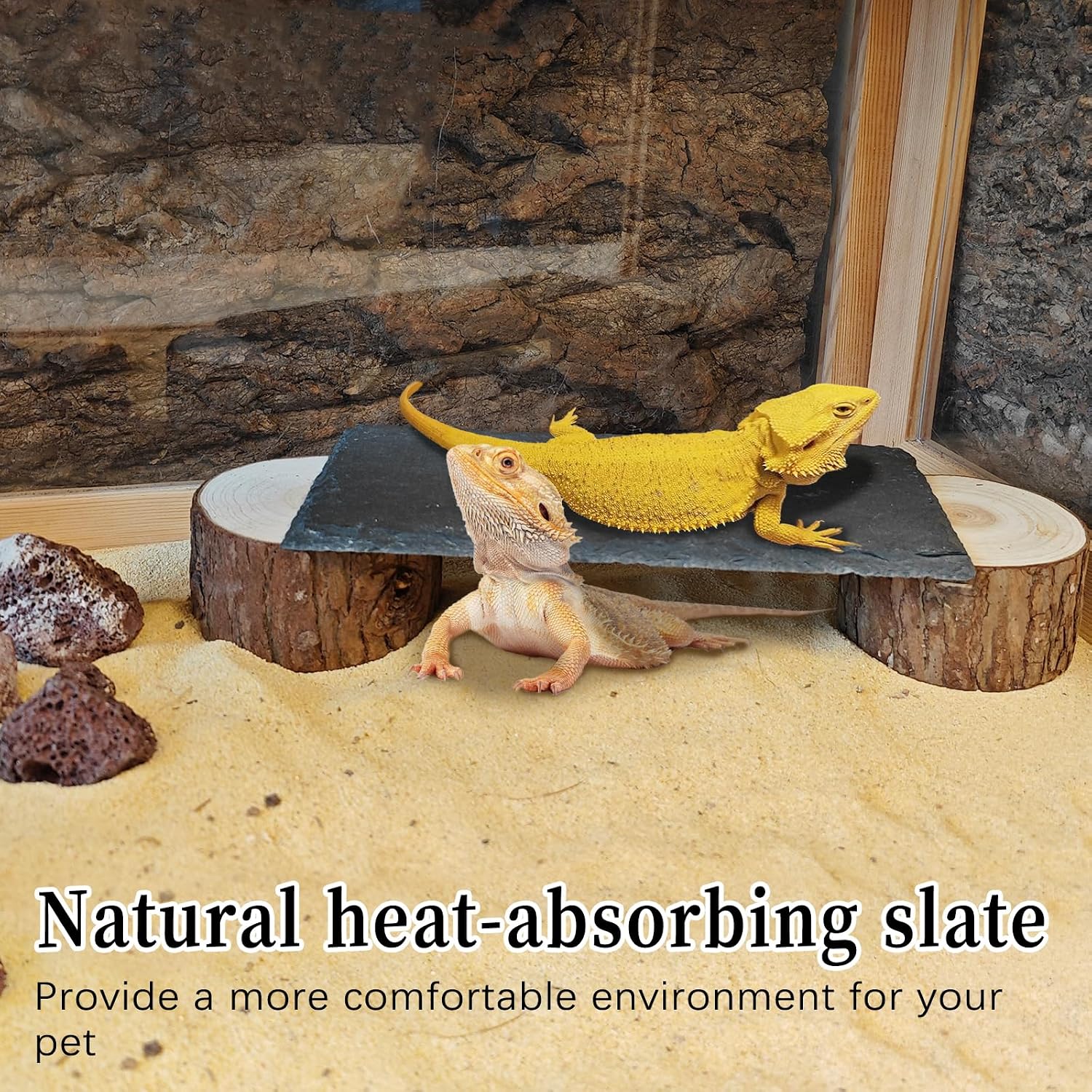 Bearded Dragon Basking Platform,Reptile Slate Rocks with Wooden Pile,Leopard Gecko Hides and Caves Climbing Tank Accessories for Lizards Snakes Tortoise Ball Python(Large)