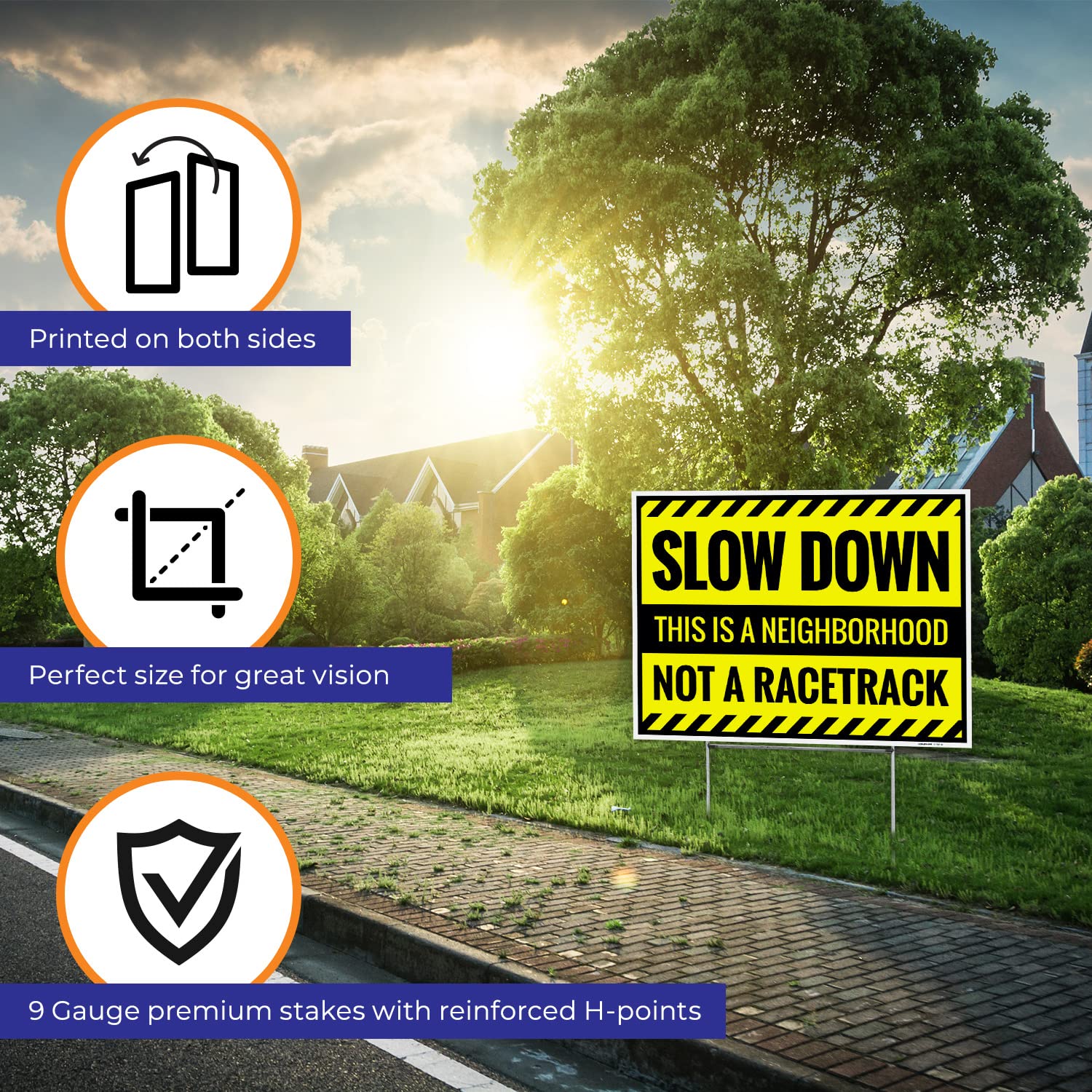 Slow Down This is A Neighborhood Not at Racetrack Sign, (Pack of 2) Double Sided 18x24 Inches, Corrugated Plastic with Metal H Stake, Made in USA