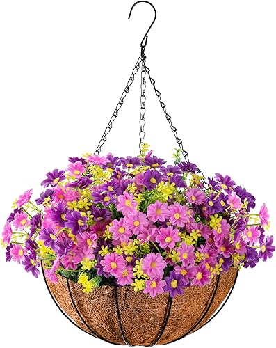 Cestas colgantes artificiales con flores, 140 cabezas de flores, flores colgantes falsas para exteriores, patio, jardín, flores colgantes