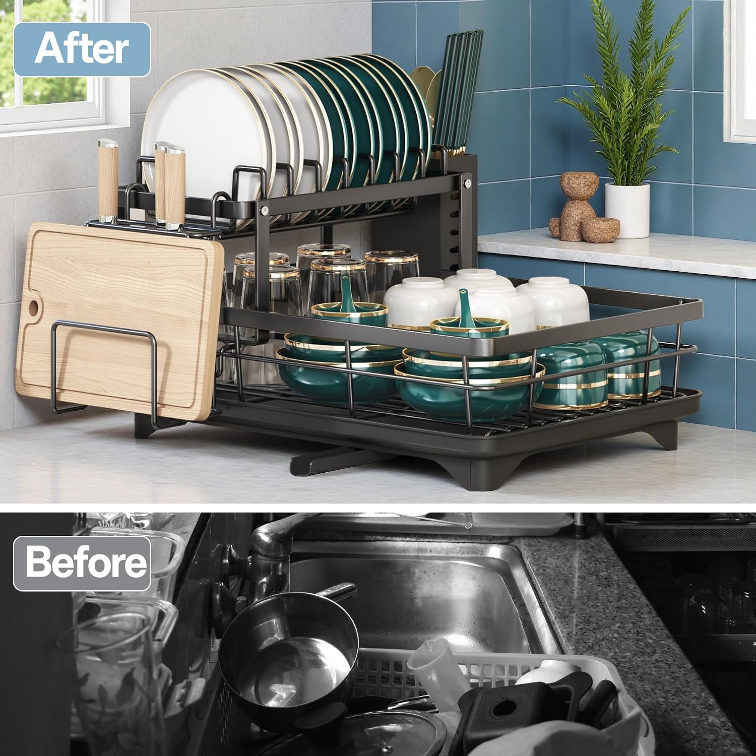 Carbon Steel 2-Tier Dish Drying Rack – Space Saving Kitchen Counter Organizer with Utensil Holder, Rust-Resistant Self-Draining for Small Kitchen, Minimalist & Sturdy Plate Rack