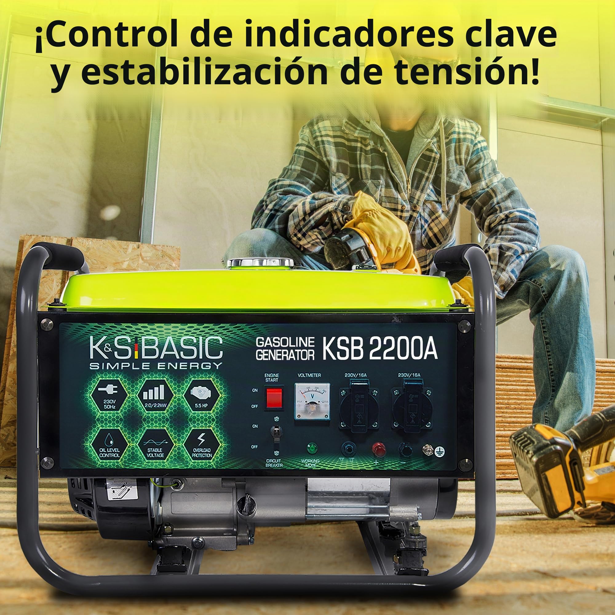 Generador de gasolina KSB 2200A con la potencia de 2200 W, arranque manual, regulador automático de voltaje (AVR), voltímetro, 2 x Schuko 230 V, salida 12V, alternador con bobinado de aluminio