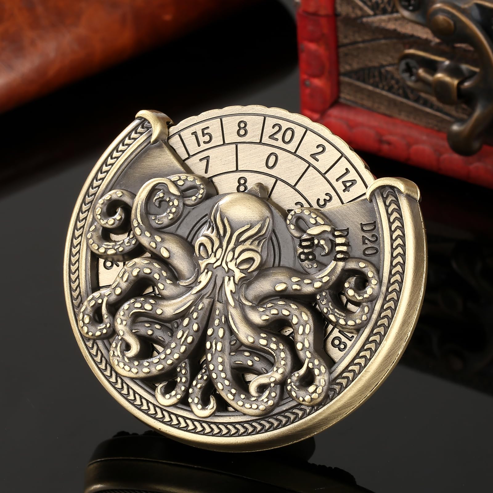 Spinner de Dés DND, Pieuvre 7-en-1 Métallique DND Dés, Gyroscope du Bout Des Doigts, Roulette Dés Spinner, Cadeaux D&D avec Sacs Cadeaux Logo Dragon, Jeu de Rôle, Accessoires de Jeu de Société, Bronze