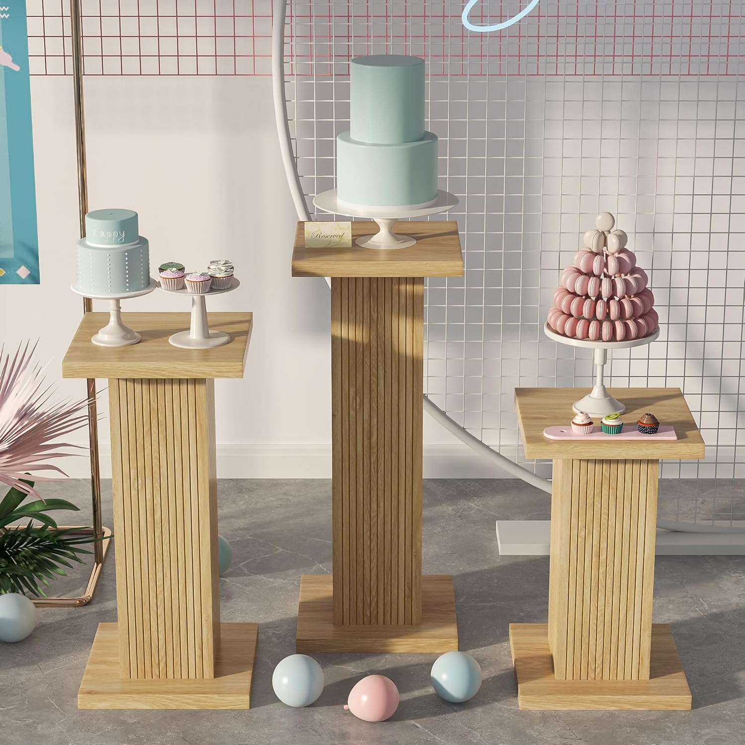 Mxtxmy 3PCS Square Pedestal Stand for Party,Wood Display Pedestal Stands for Parties,Fluted Plinth Pillars Table for Wedding Birthday Baby Shower Decor